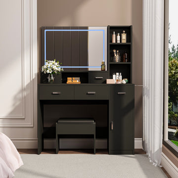 Black Dressing Table With Led 3 Color Illuminated Mirror And Power Outlet, Dressing Table With Drawers, Storage Box And Shelf, Dressing Table With Bedroom Cushioned Stool Black 5 Drawers & Above