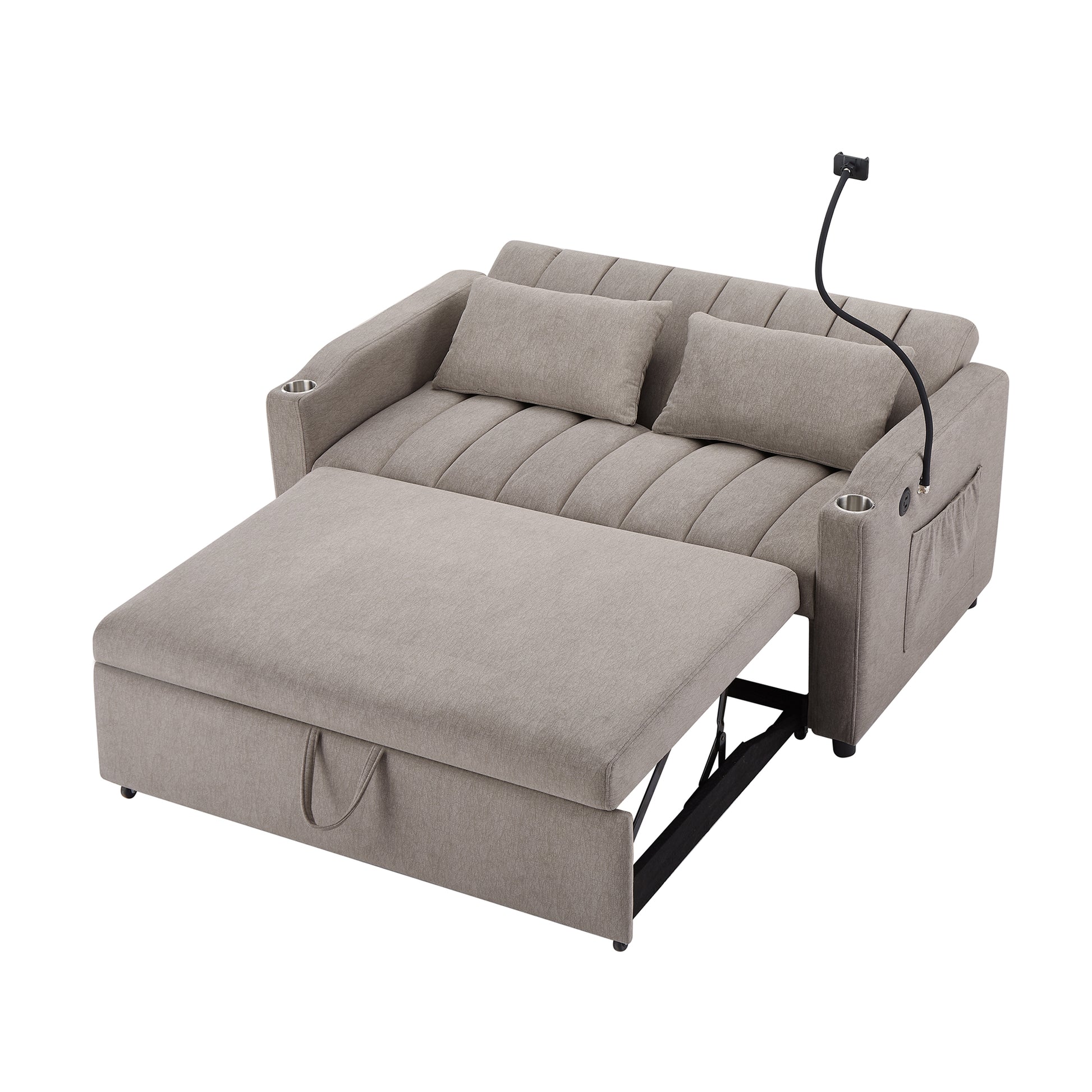 55.9" Convertible Sofa Bed Loveseat Sofa With Three Usb Ports, Two Side Pockets, Two Cup Holders And 360 Swivel Phone Holder For Living Room, Light Grey Light Grey Foam Polyester 2 Seat