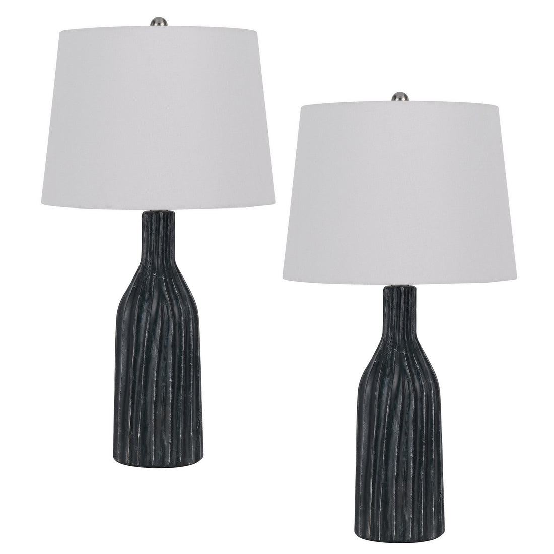 25 Inch Set Of 2 Artisanal Ceramic Accent Table Lamp, Fluted, Grayed Black White Ceramic