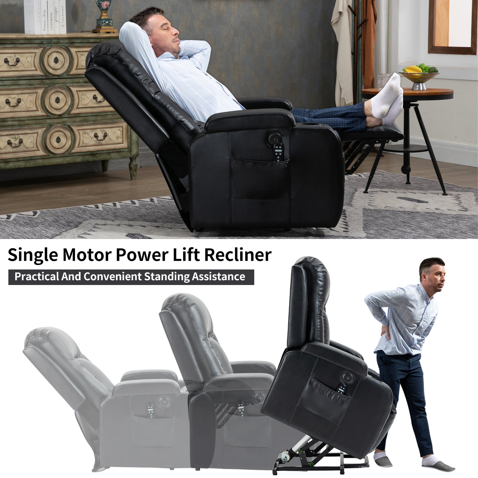 Infinite Position Up To 350 Lbs Power Lift Recliner Chair For Elderly, Heavy Duty Motion Mechanism With 8 Point Vibration Massage And Lumbar Heating, Usb Charging Port, Cup Holders, Black White Metal Primary Living Space Heavy Duty Pine Black Faux