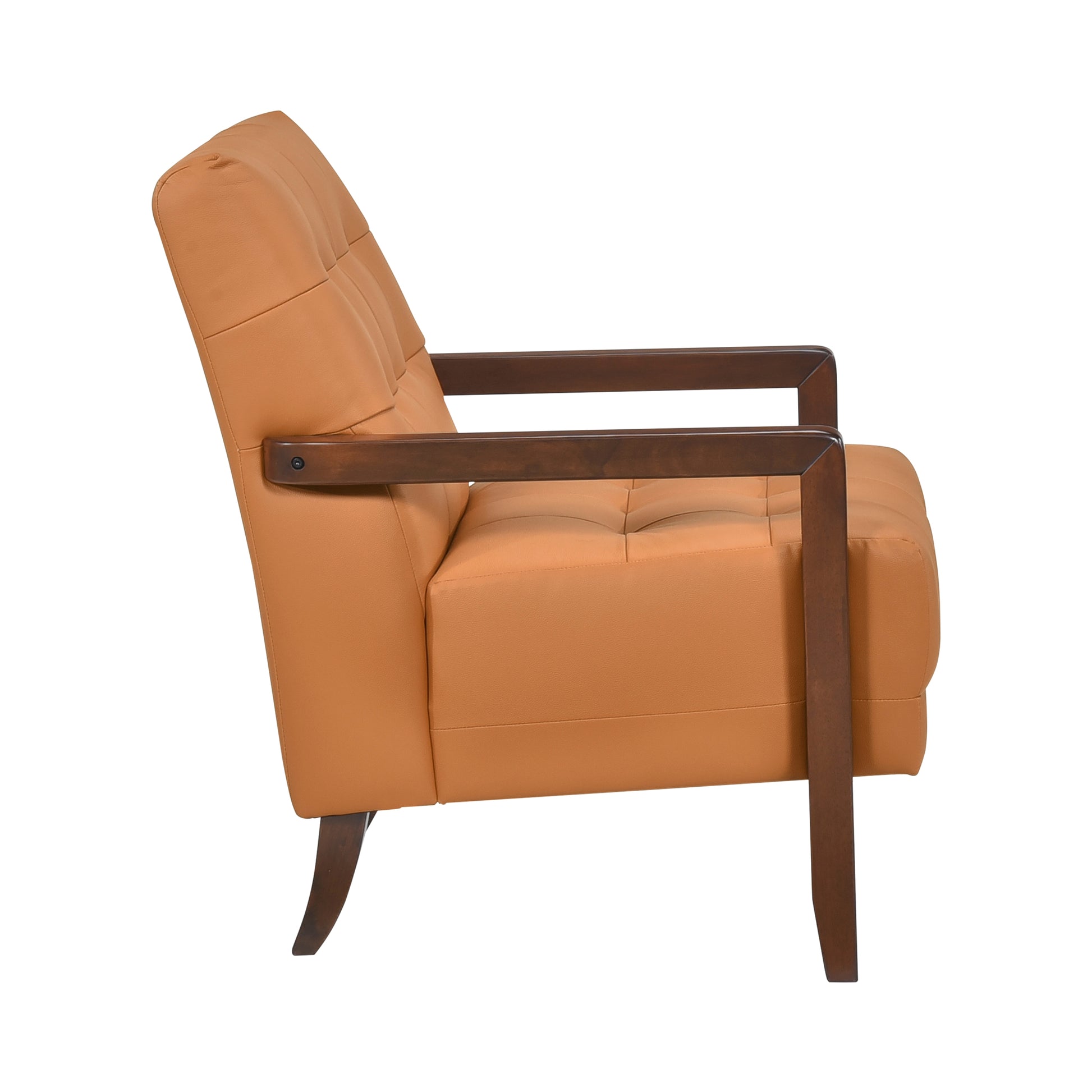 Modern Style Accent Chair Orange Leather Upholstered Tufted Detail Walnut Finish Wood Furniture 1Pc Orange Primary Living Space Contemporary,Modern Plywood