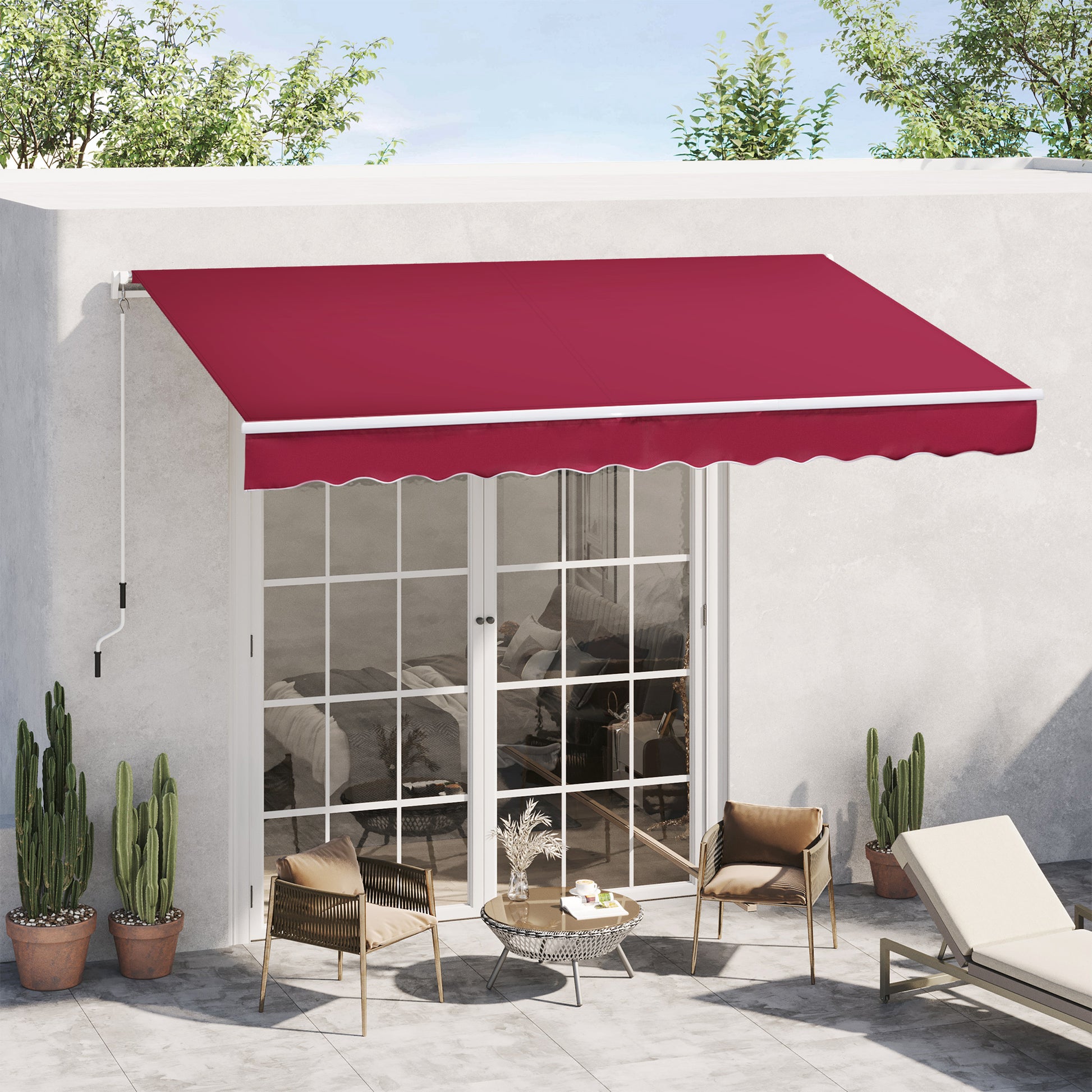 Outsunny 12' X 8' Retractable Awning, Patio Awning Sun Shade Shelter With Manual Crank Handle, 280G M Uv And Water Resistant Fabric, Aluminum Frame For Deck, Balcony, Yard, Red Red Aluminum