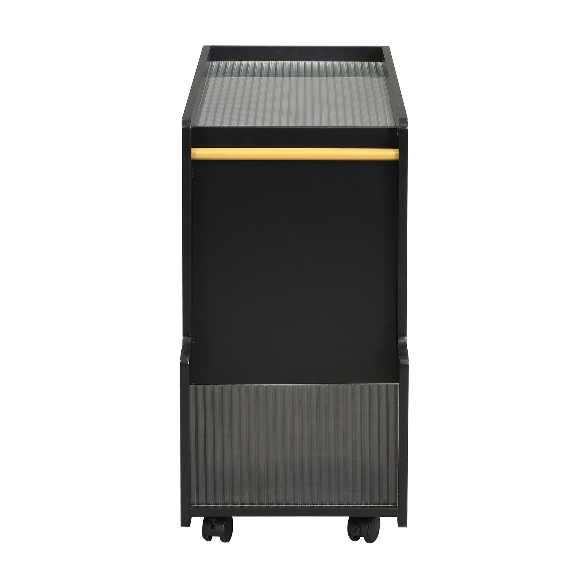 Mobile End Table With Lockable Wheels, Narrow Coffee Table With 5Mm Thick Fluted Tempered Glass, Modern Nightstand With Golden Round Rod, Living Room, Black, 31.5''W X11.8''D X 23.1''H Black Primary Living Space Mdf
