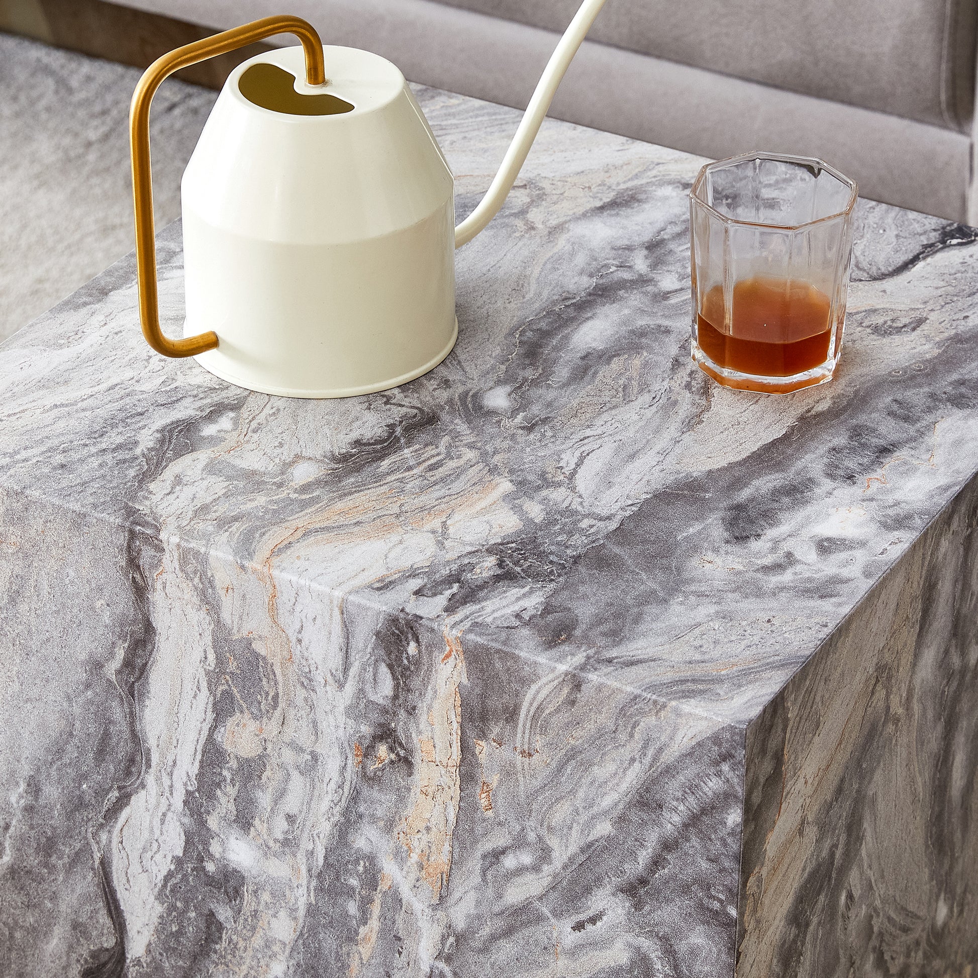 Elevate Your Living Space With This Modern Mdf Coffee Table, Which Showcases Gray Textured Patterns. It Is Characterized By Stylish Design. Grey Mdf