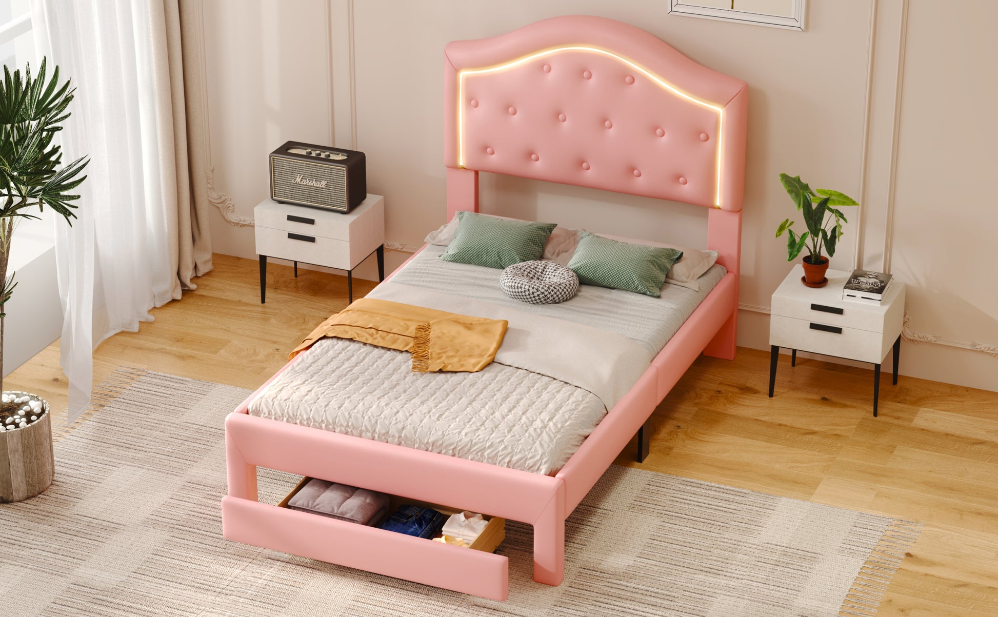 Twin Size Upholstered Platform Bed With Tufted Headboard, Led And A Drawer, Pink Box Spring Not Required Twin Pink Bedroom Faux Leather Upholstered