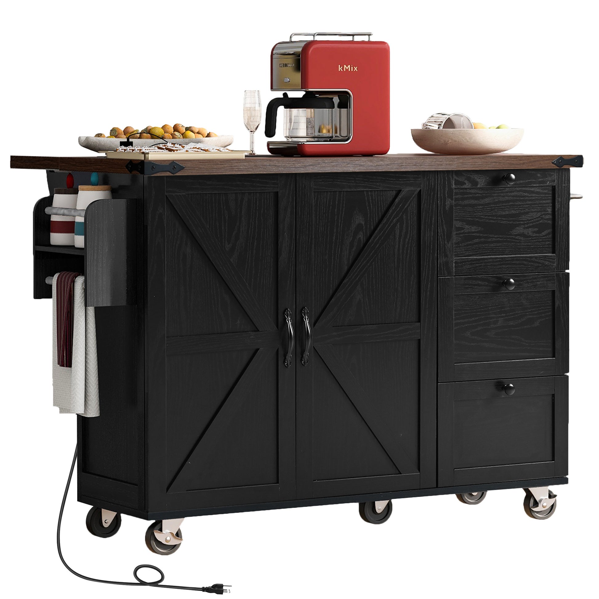 K&K 54.5" Farmhouse Kitchen Island With Power Outlet, Kitchen Storage Island With Internal Storage Rack, Drop Leaf, Spice Rack, Rolling Kitchen Cart On Wheels, For Home, Kitchen And Dining Room,Black Black Brown Kitchen Classic,Farmhouse,Luxury,Modern