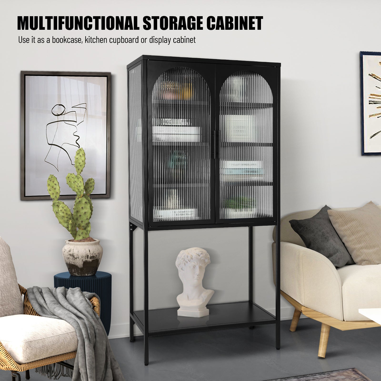 Elegant Floor Cabinet With 2 Glass Arched Doors Living Room Display Cabinet With Adjustable Shelves Anti Tip Dust Free Easy Assembly Black Black Tempered Glass Sheet Metal Plastic