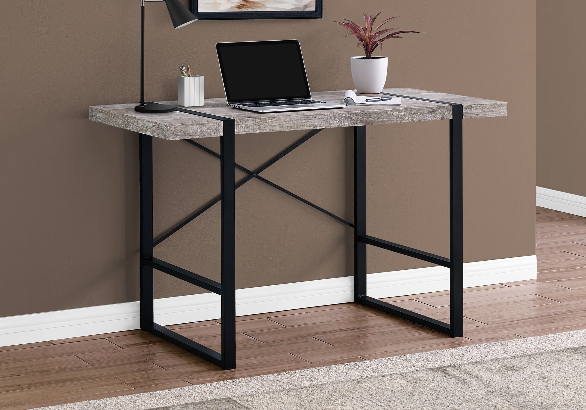 Computer Desk, Home Office, Laptop, 48"L, Work, Beige Laminate, Black Metal, Contemporary, Modern Taupe Particle Board