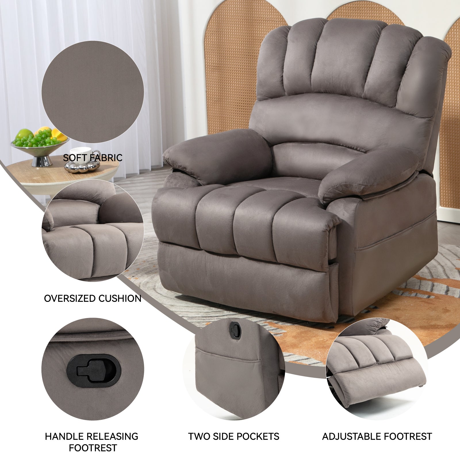 Large Manual Recliner Chair In Fabric For Living Room, Grey Grey Suede Manual Handle Metal Primary Living Space Medium Firm Cushion Back Heavy Duty American Design Pine Pillow Top Arms Fiber Foam And Polyester Fiber Pad Fabric