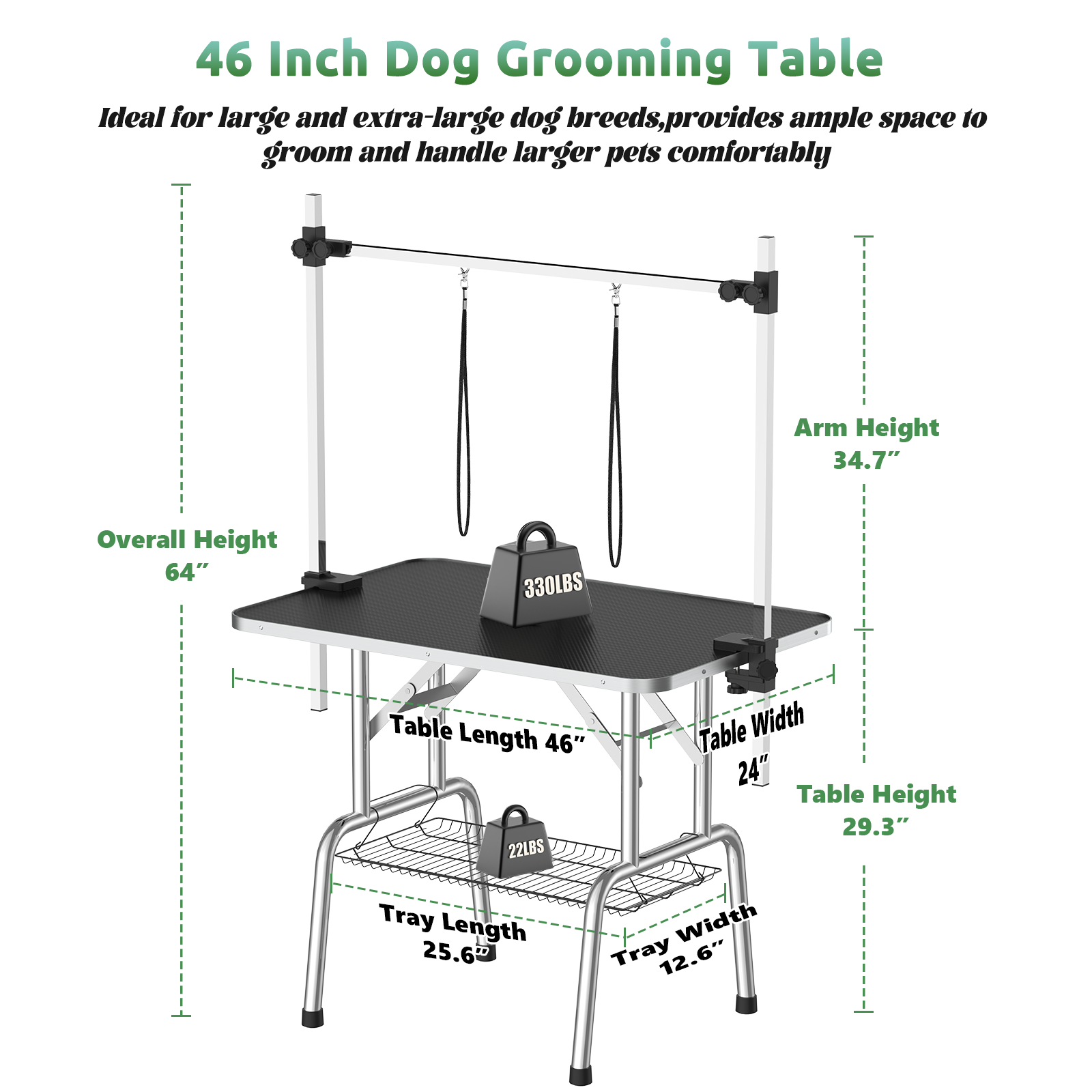 46 Inch Foldable Dog Grooming Table For Home With Adjustable Arm, Noose, Non Slip Surface, And Storage Mesh Tray Black Mdf Metal