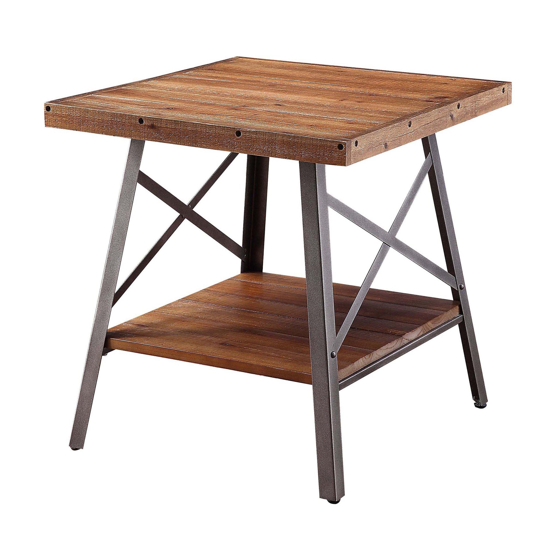 Weathered Oak And Sandy Black End Table With Shelf Set Of 2 Oak Primary Living Space Rustic,Vintage Pine Shelves Wood Metal