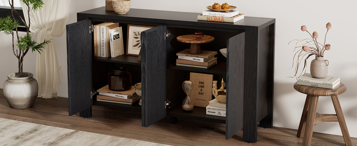 Retro 4 Door Sideboard With Distressed Finish And Adjustable Shelves For Dining Room, Kitchen, And Living Room Black Black Mdf,Rubber Wood