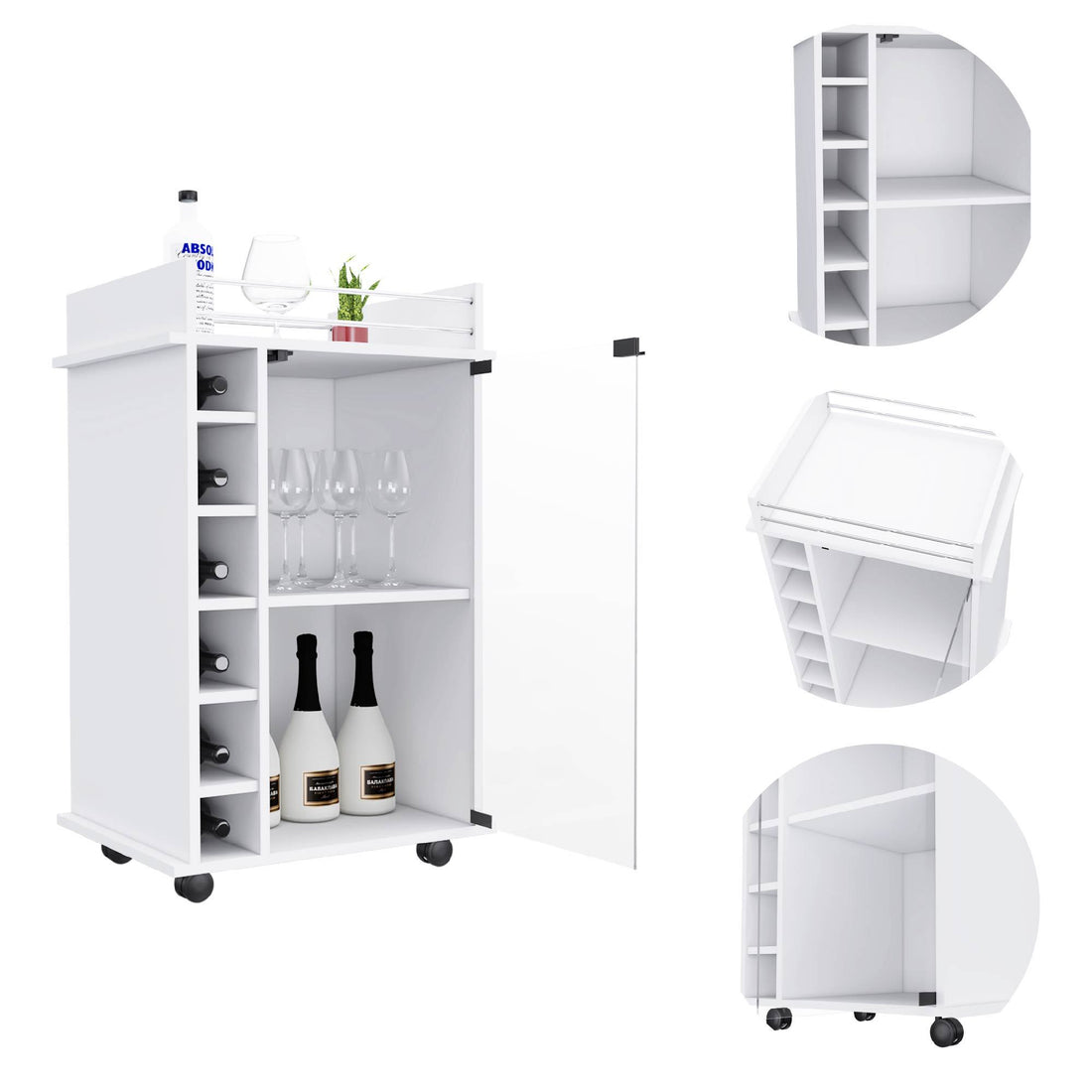 Bar Cart, Glass Door, Four Casters, Two Shelves, White White Particle Board Particle Board