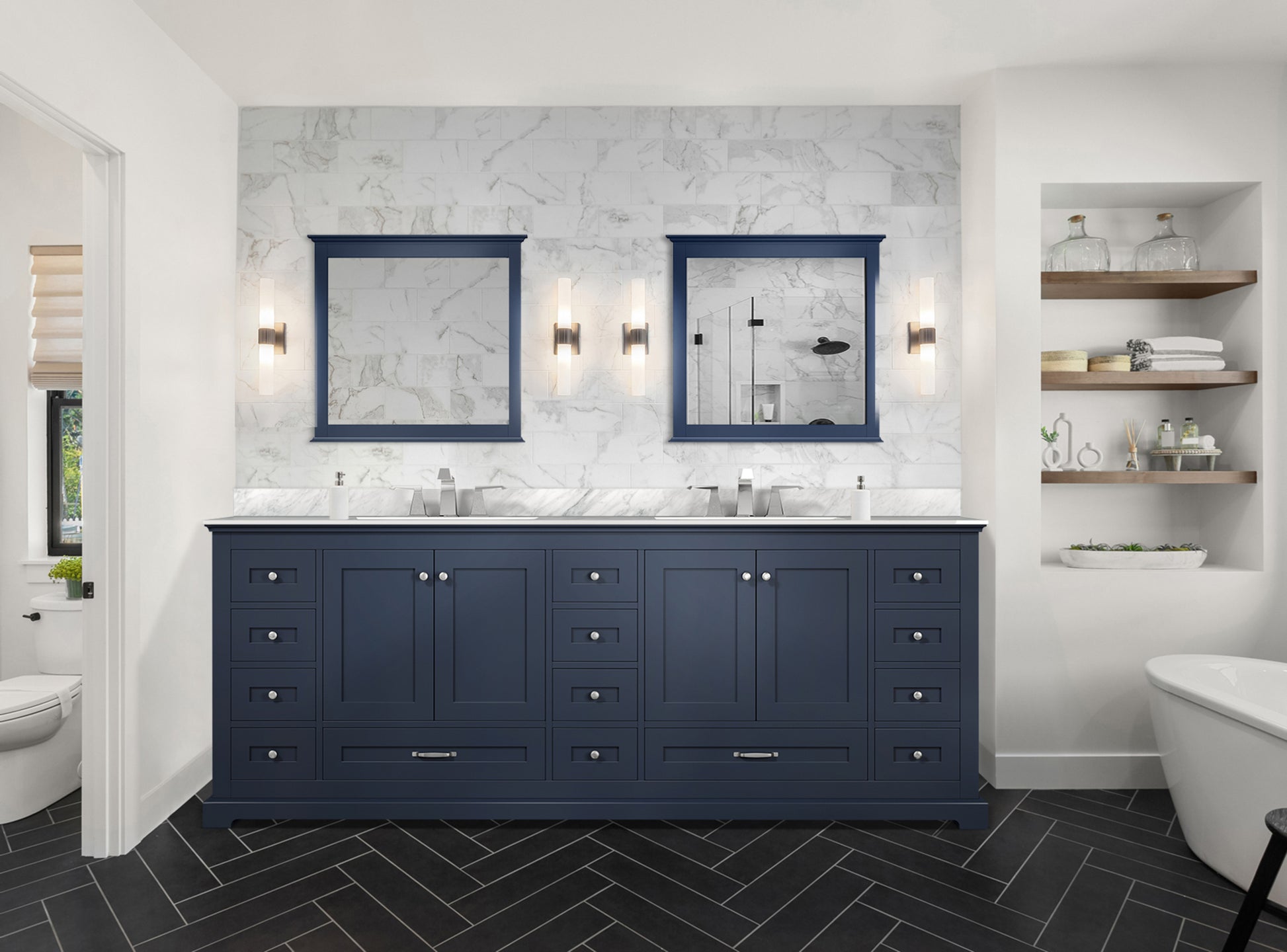 Navy Blue Double Bath Vanity 84 In. W X 22 In. D, With Carrara Marble Top Navy Blue Plywood Wood