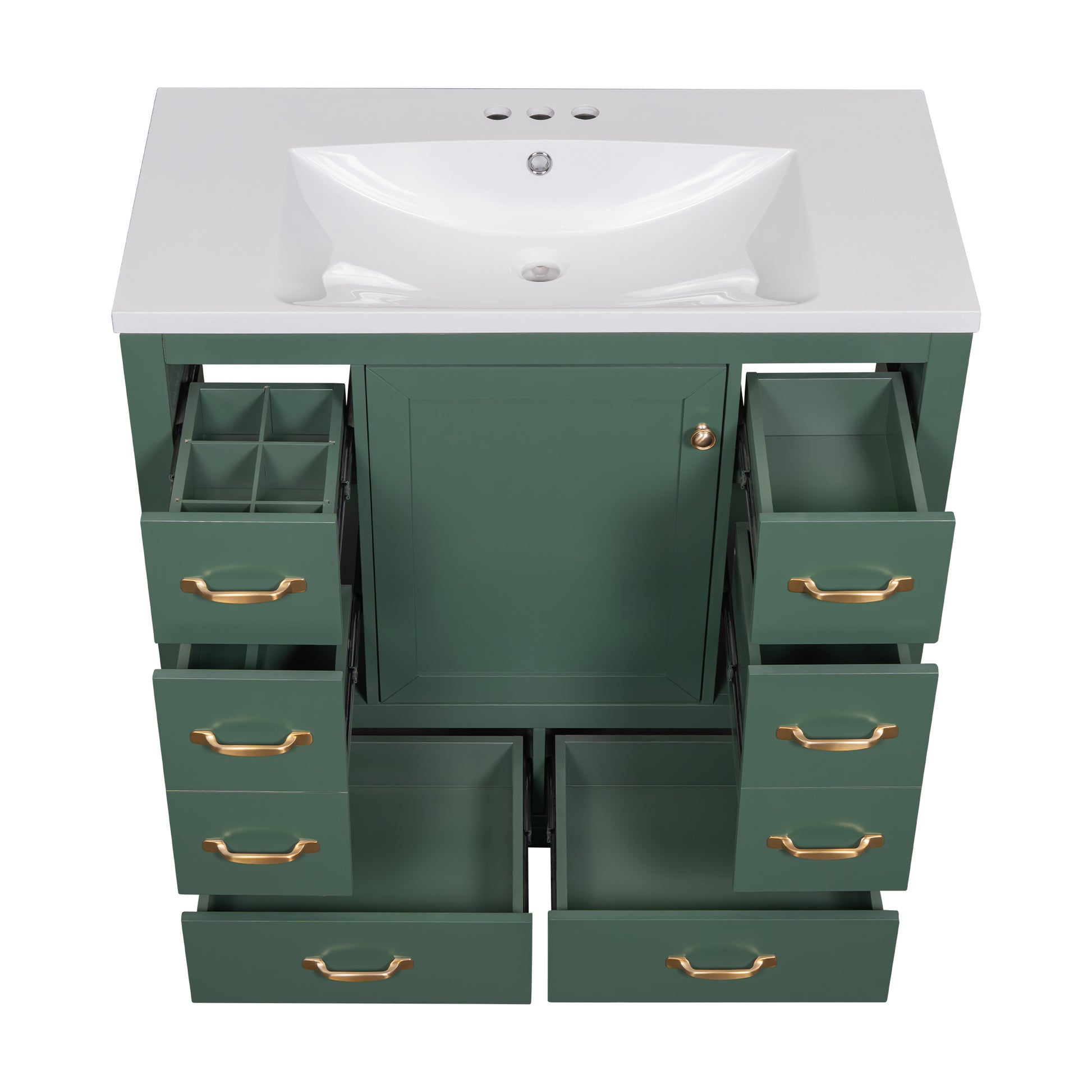 36" Bathroom Vanity With Sink Combo, Six Drawers, Multi Functional Drawer Divider, Adjustable Shelf, Green Green Solid Wood Mdf