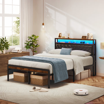Full Size Metal Platform Bed Frame With Adjustable Upholstered Headboard, Charging Station, Led Lights, Noiseless, Black And Brown Box Spring Not Required Full Antique Brown Bedroom Metal