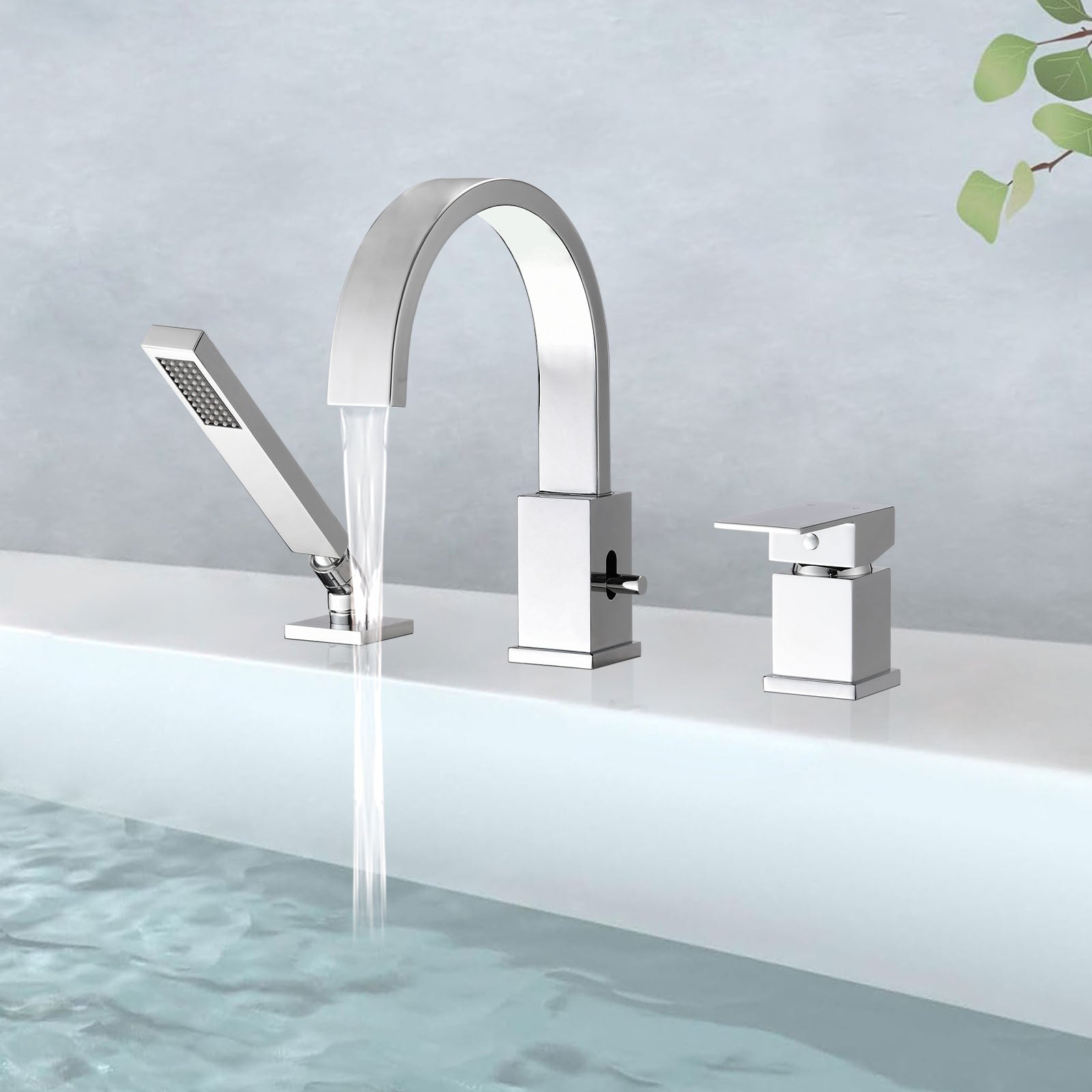 Waterfall Bathtub Faucet With Sprayer, 3 Hole Roman Tub Filler With Hand Shower Deck Mount Waterfall Tub Spout Set Chrome Stainless Steel