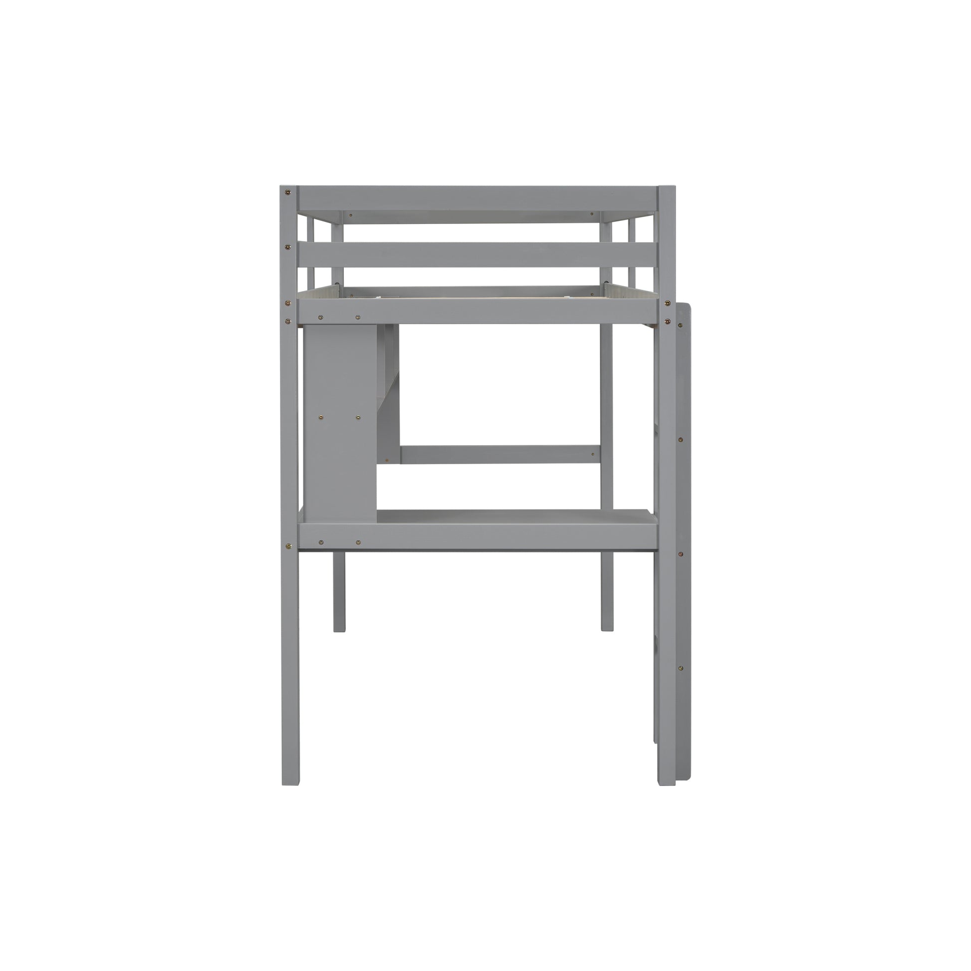 Twin Loft Bed With Built In Desk And Bookcase Of Three Compartments, Guardrails And Ladder,Grey Twin Grey Pine