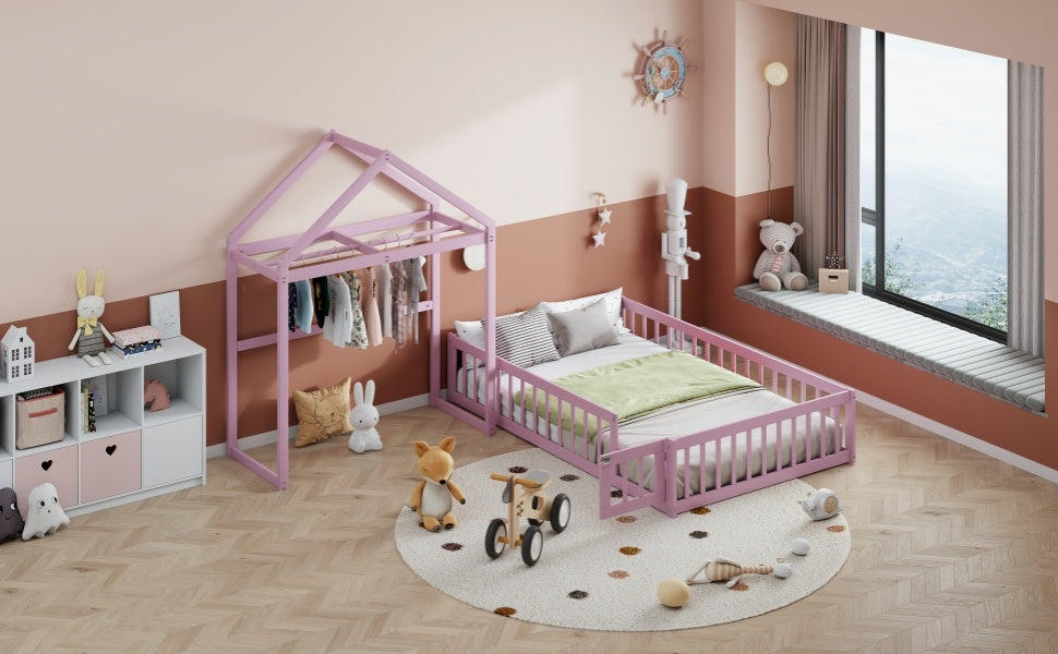 Wooden Floor Bed With Fence Railings And Detachable House Shape Headboard,Full Size Bed With Kids Dress Up Rack, Kids Montessori Style Playhouse Frame For Girls Boys, Pink Full Pink Wood