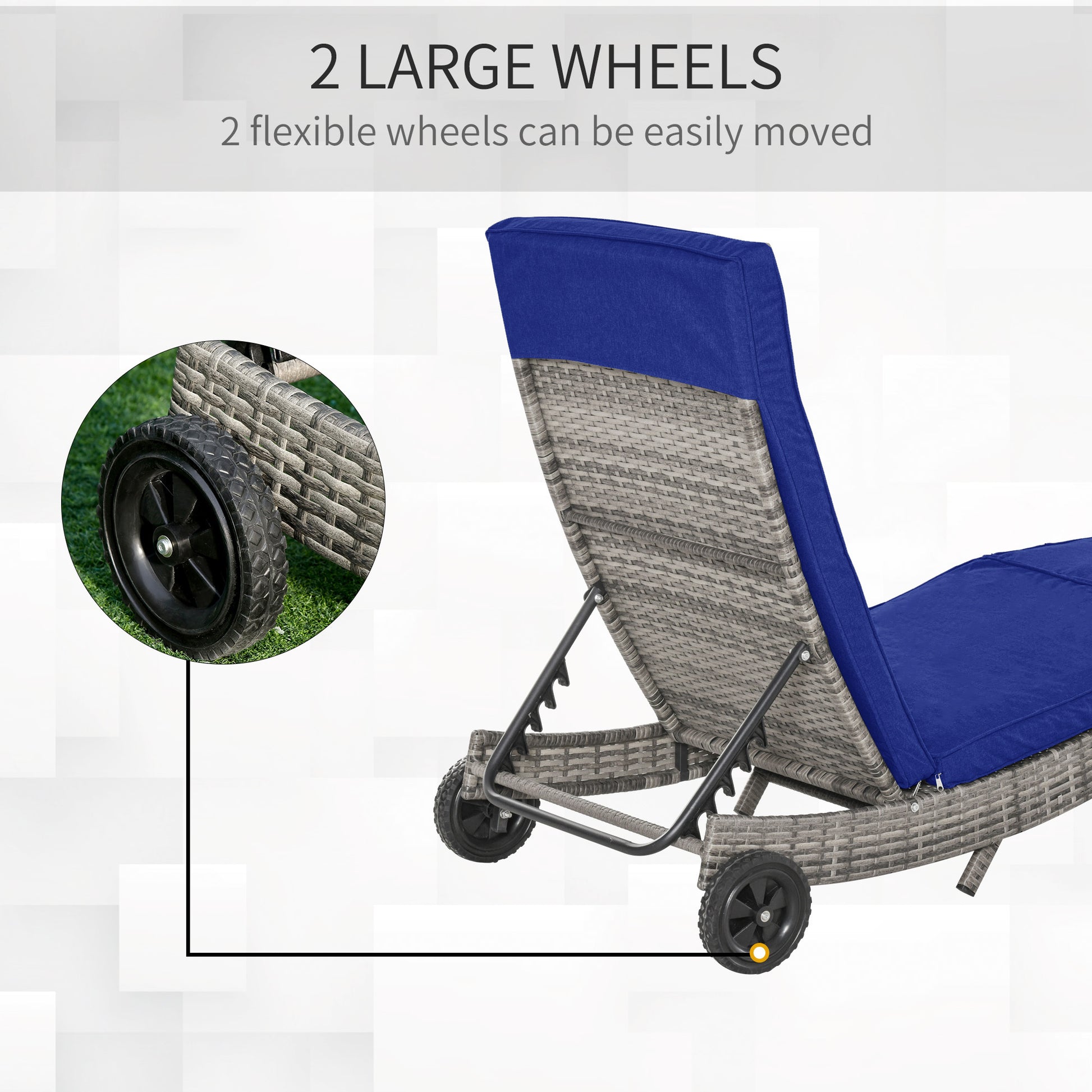 Outsunny Chaise Lounge Pool Chair, Outdoor Pe Rattan Cushioned Patio Sun Lounger W 5 Level Adjustable Backrest & Wheels For Easy Movement, Wicker, Dark Blue Blue Steel