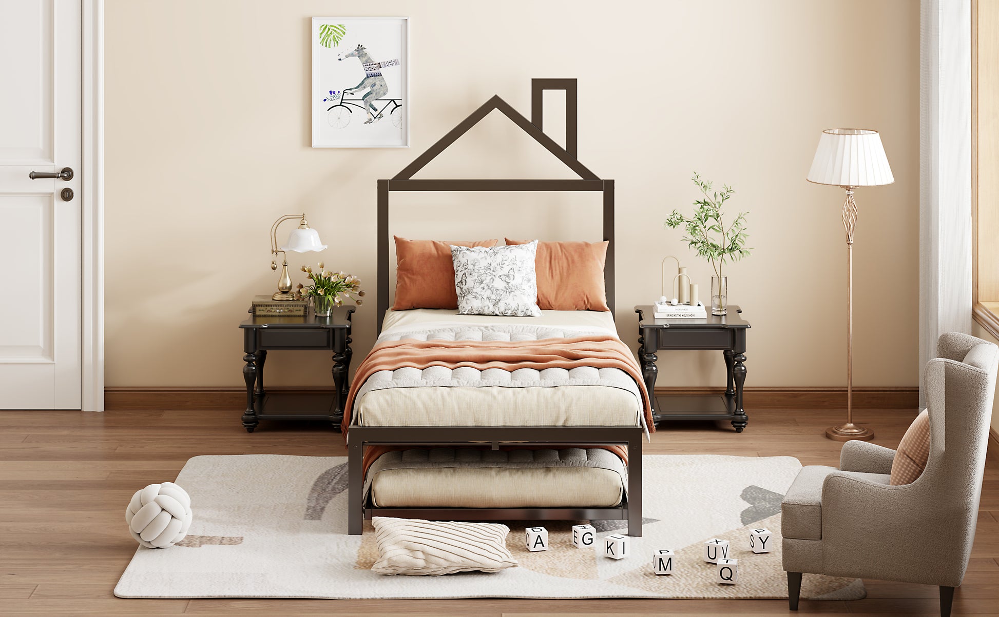 Twin Size Metal Platform Bed With Twin Size Trundle,House Shaped Headboard Design, Black Twin Black Metal