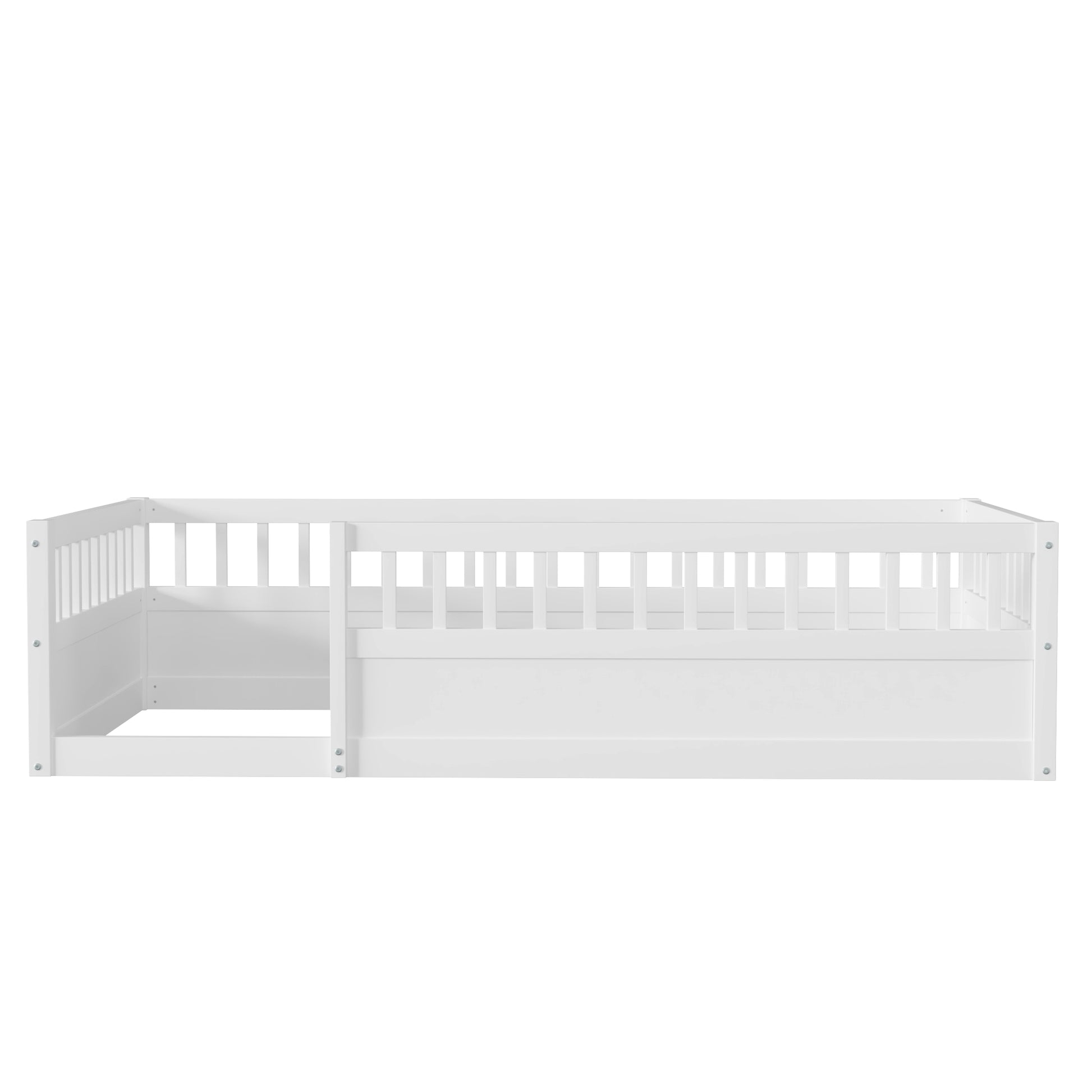 Twin Floor Bed Frame With Fence, Wood Kids Floor Beds Frame For Bedroom Playroom,White Twin White Pine