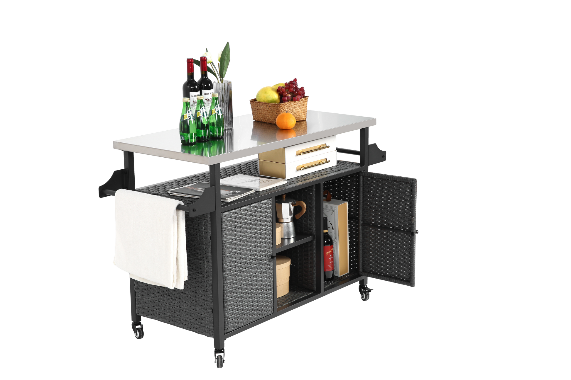 Large Bar Cart,Outdoor Kitchen Wicker Island Rolling Cart & Storage Cabinet, Wheels And Stainless Steel Extended Table Top, Side Handle For Patio Kitchen Or Bar Cart, Grey No Grey Garden & Outdoor
