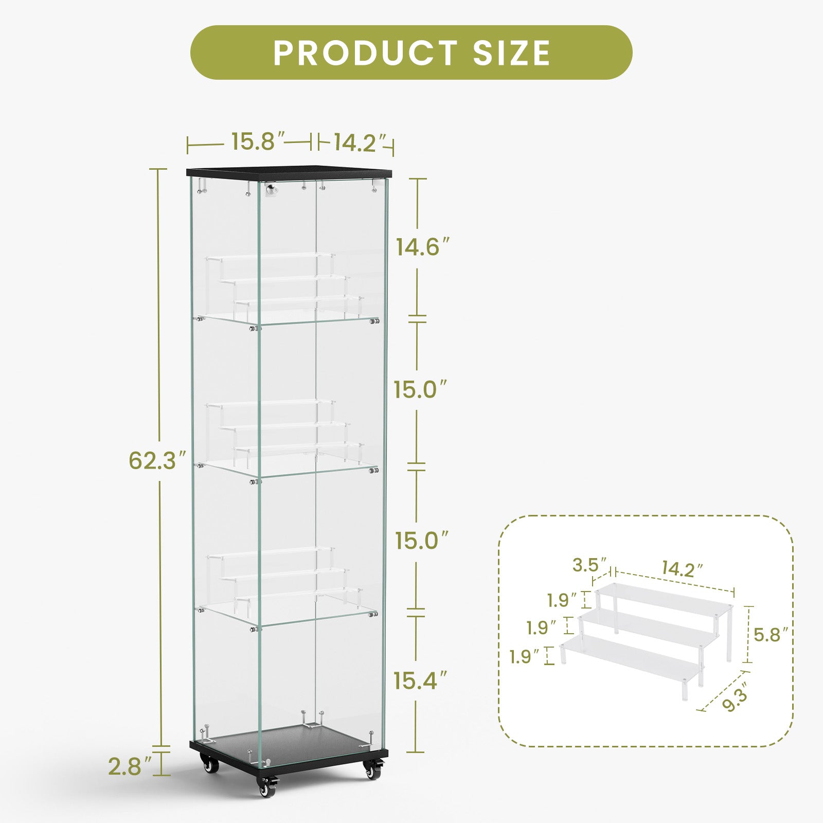 4 Tier Glass Display Cabinet, Single Door Glass Cabinet With Lock And Wheels, Floor Standing Storage Cabinet With 3 Acrylic Shelves For Living Room, Bedroom And Office, Black, 15.8"L X 14.2"W X
