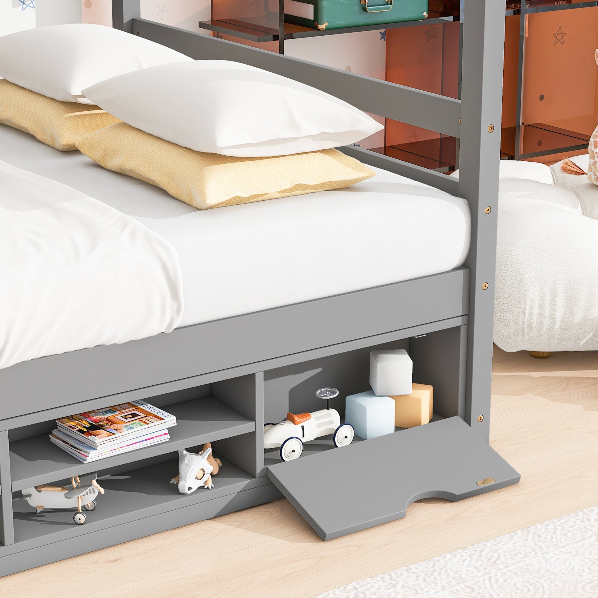 Full House Bed With Roof Frame, Bedside Shelves, Under Bed Storage Unit,Grey Full Grey American Design Pine