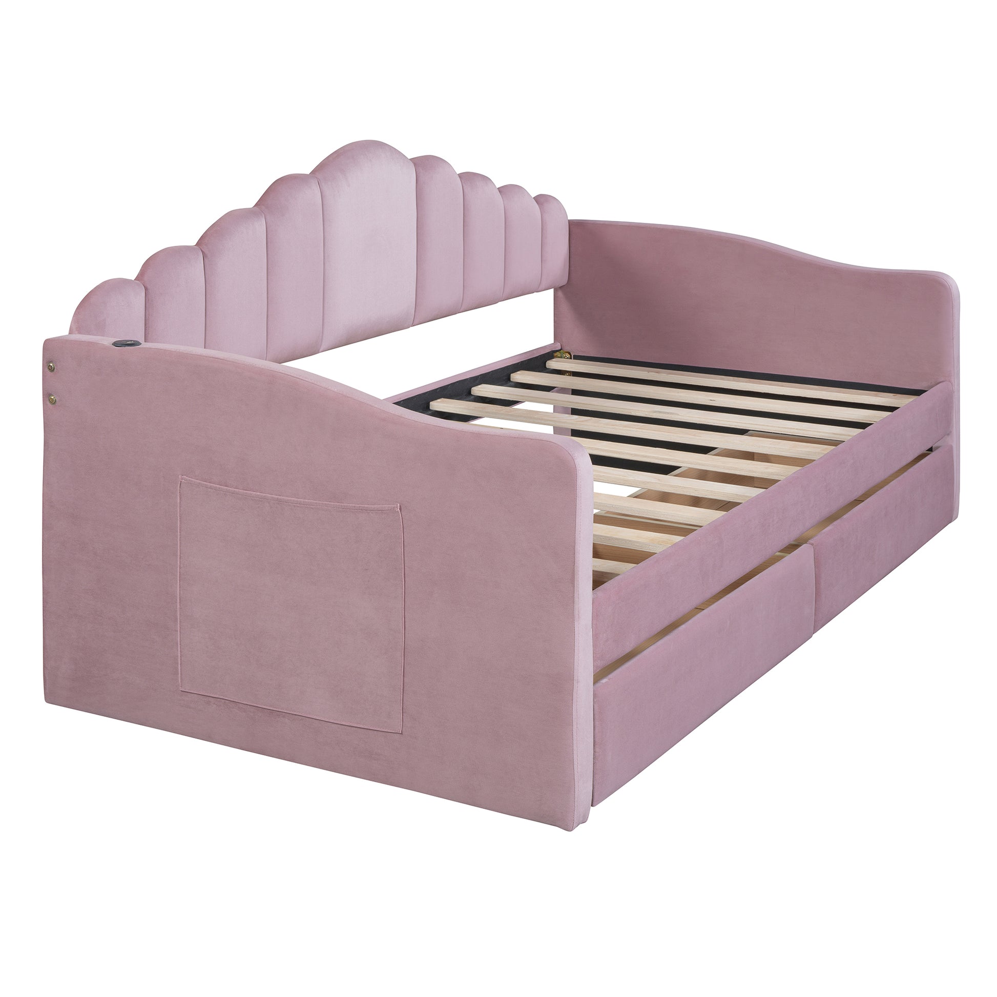 Twin Size Upholstered Daybed With 2 Drawers ,Velvet Sofabed With Usb Charging Ports,No Box Spring Needed,Pink Twin Pink Velvet