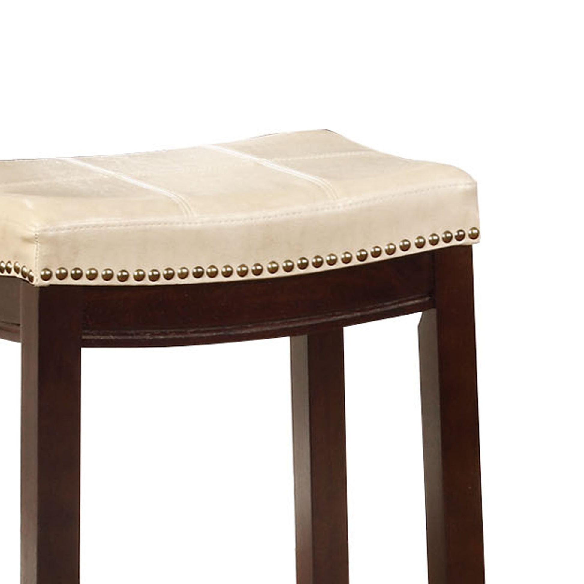 Wooden Bar Stool With Faux Leather Upholstery, Cream And Brown Cream Solid Wood