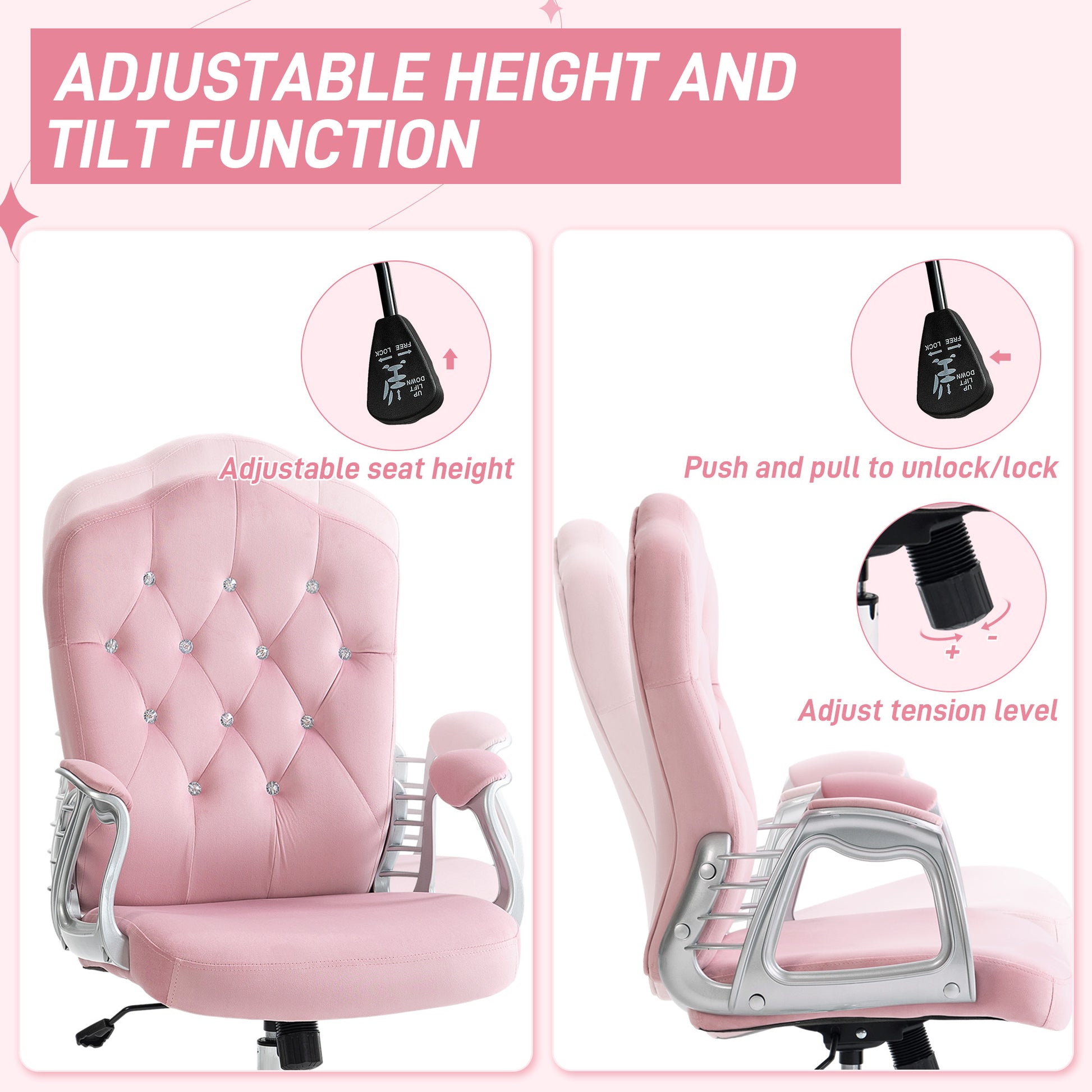 Vinsetto Home Office Chair, Velvet Computer Chair, Button Tufted Desk Chair With Swivel Wheels, Adjustable Height, And Tilt Function, Pink Pink Polyester