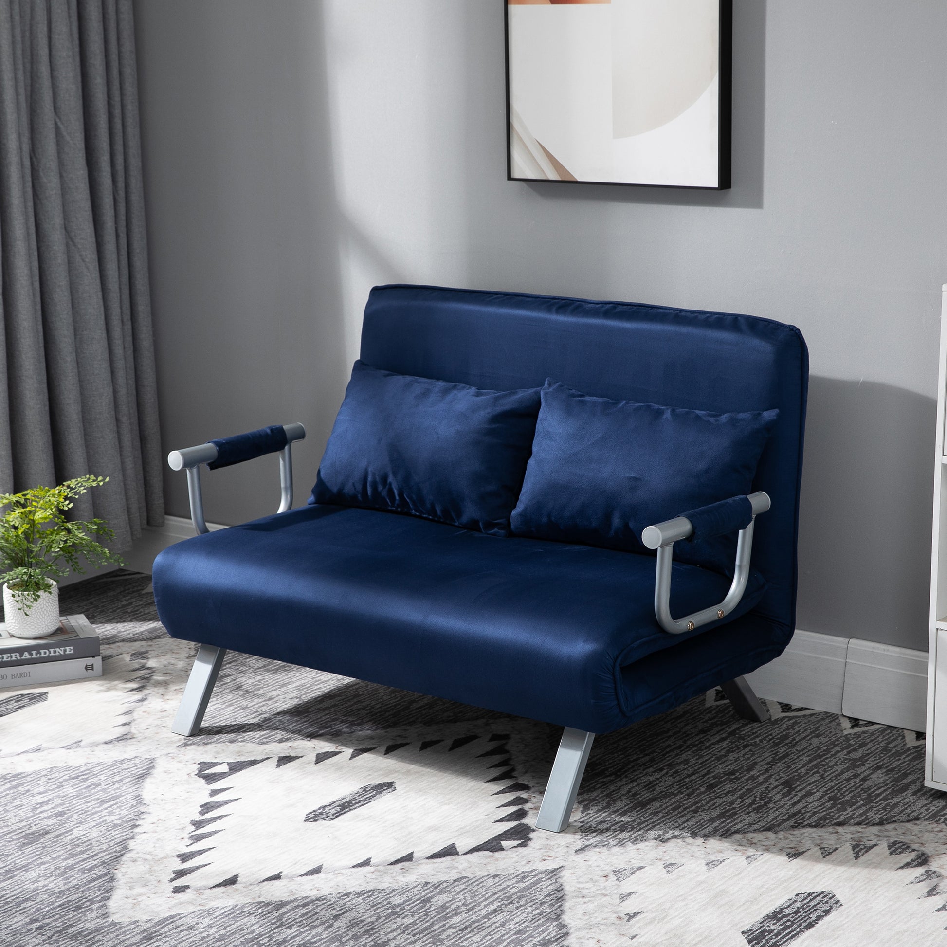 Homcom Convertible Sofa Bed Sleeper Chair, 5 Position Adjustable Backrest, Armchair Sleeper With Pillows, Leisure Chaise Lounge Couch, Blue Blue Steel 2 Seat