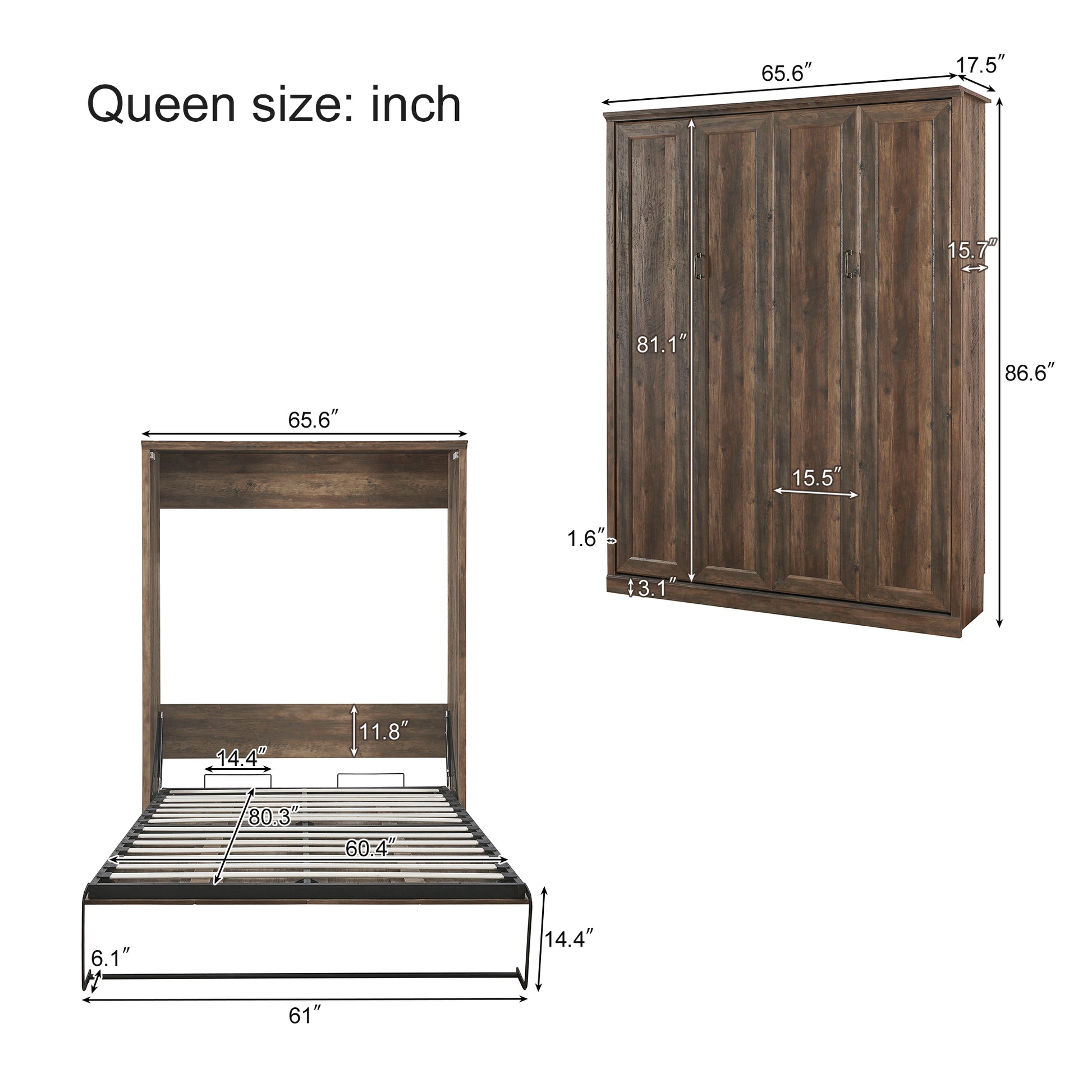 Queen Size Half Self Close And Open Murphy Bed With 1 Side Cabinet Storage Shelf, Cabinet Space Saving Bed Perfect For Guest Room, Bed Room, Guest Room, Home Office, Brown Box Spring Not Required Queen Brown Wood Brown Pine Murphy Solid Wood Mdf