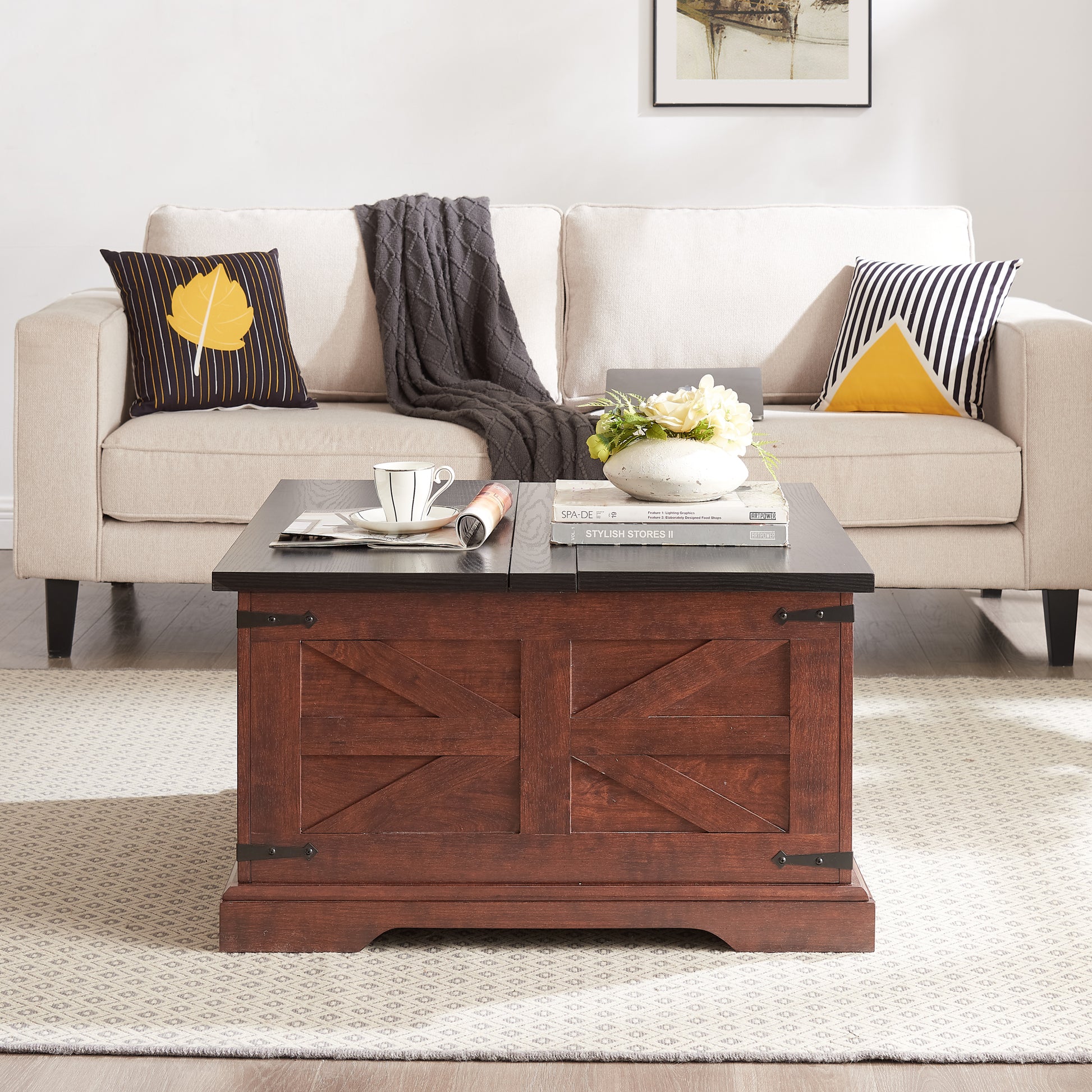 Farmhouse Coffee Table & End Table Barn Design Center Table Rustic Cocktail Table With Hinged Lift Top And End Table Oak Mdf