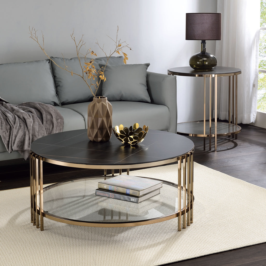 Abisha Coffee Table, Sintered Stone Top & Champagne Finish Lv02815 Black,Champagne Metal Stone