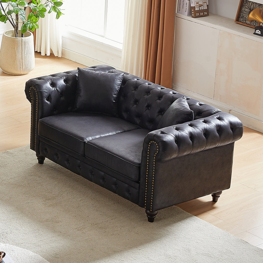 Fx 63.5" Contemporary Design Chesterfield Sofa, Tech Fabric Button Design Living Room Sectional, Button Tufted With Nail Design Arms With 2 Pillows, Upholstered Upholstery And Wooden Legs Black Wood Primary Living Space Pine Foam Fabric 3 Seat