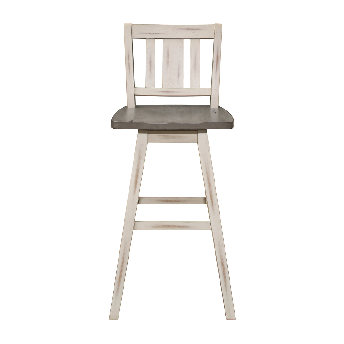 Pub Height Chairs Set Of 2, Distressed Gray And White 360 Degree Swivel Chair Solid Rubberwood Furniture, Vertical Slat Back Bar Chairs White Gray Dining Room Rustic Slat Back Solid Wood