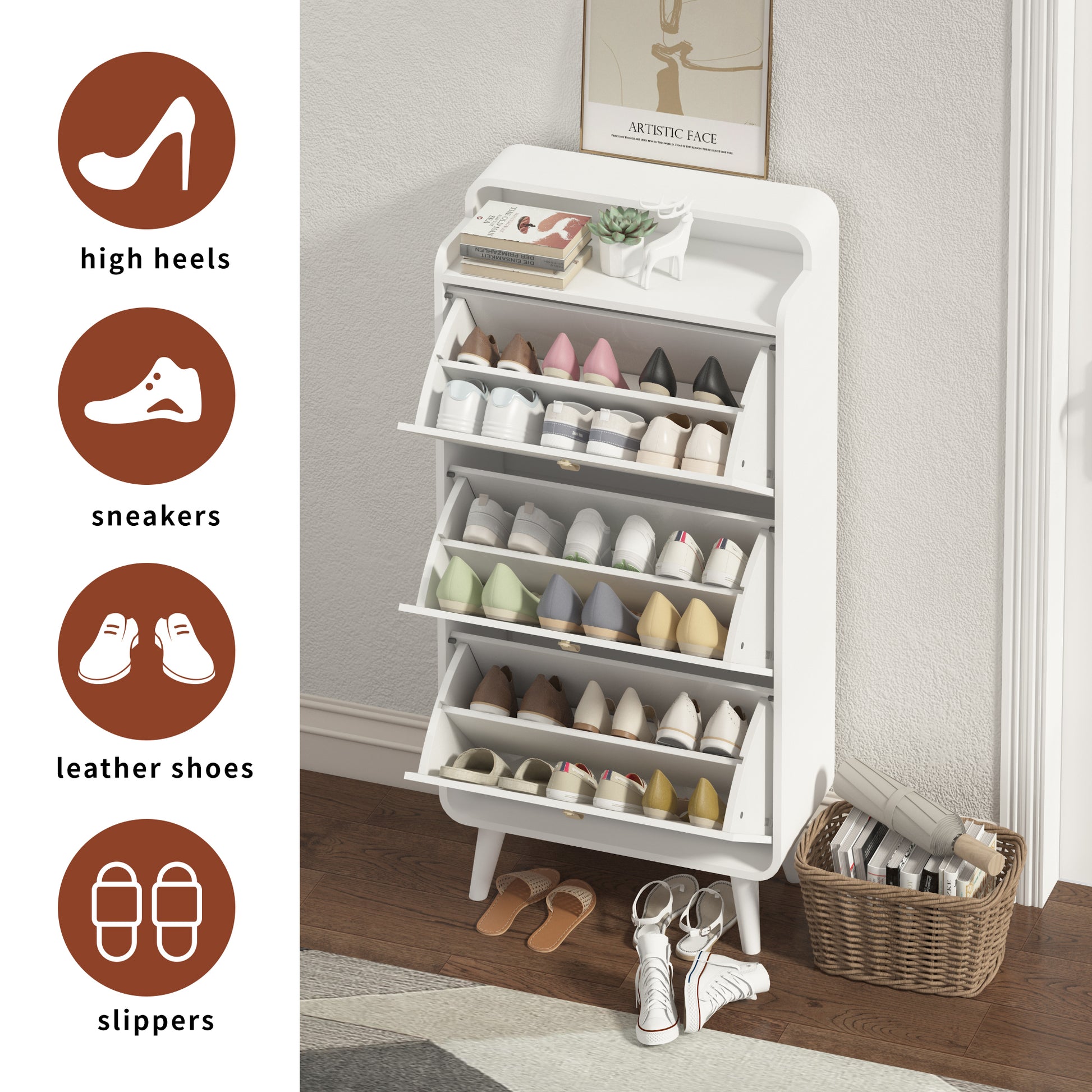 Modern Arc Design Shoe Cabinet With 3 Drawers,Shoe Storage Cabinet For Entryway,Outdoor,White Finish 3 4 Drawers White Modern Mdf