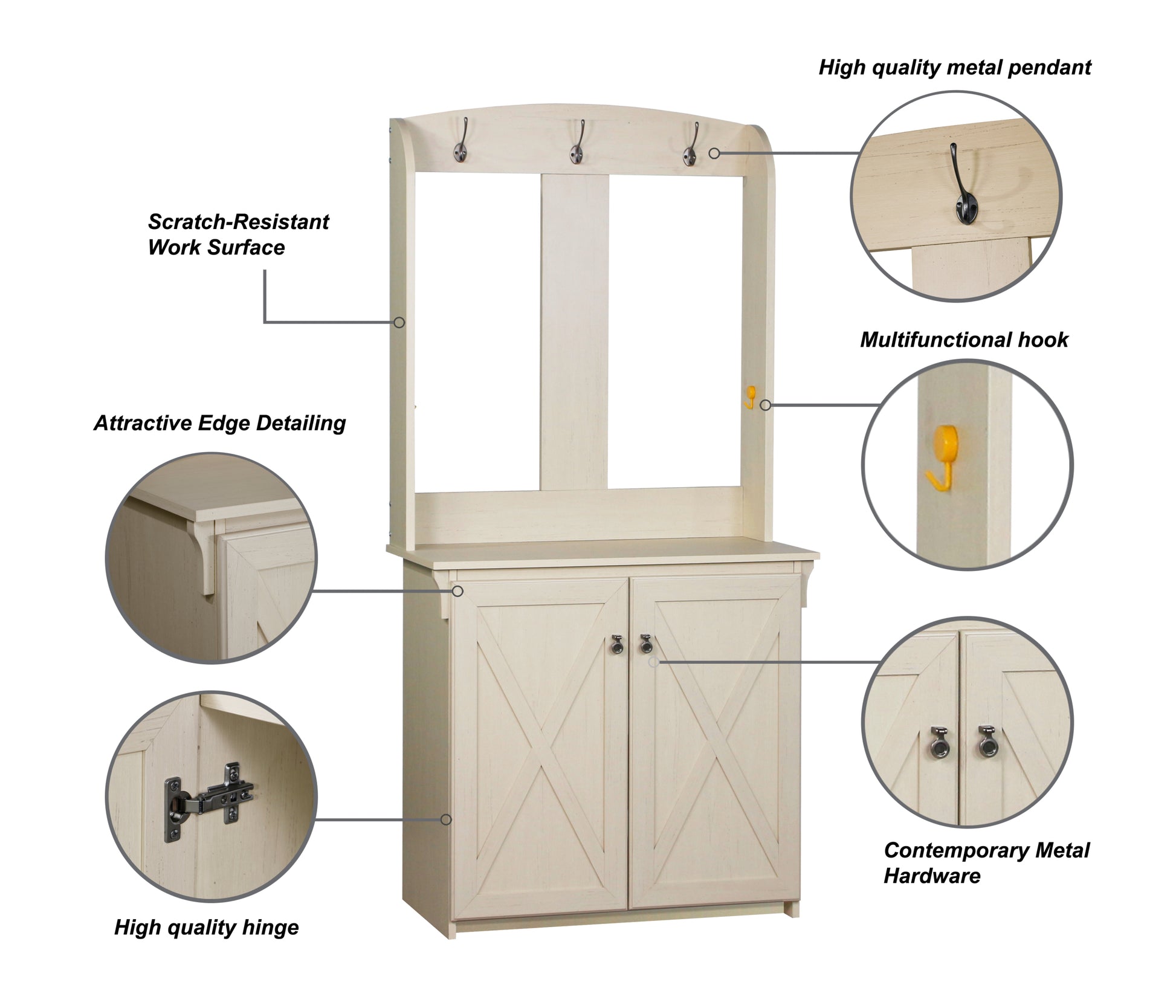 Hall Tree & Cabinet "Vintage Antique White Hall Tree With Spacious Storage Elegant Entryway Furniture With Robust Metal Hooks" White Solid Wood