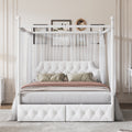 Queen Size Metal Canopy Platform Bed With Upholstered Headboard And Two Storage Drawers, White Queen White Metal