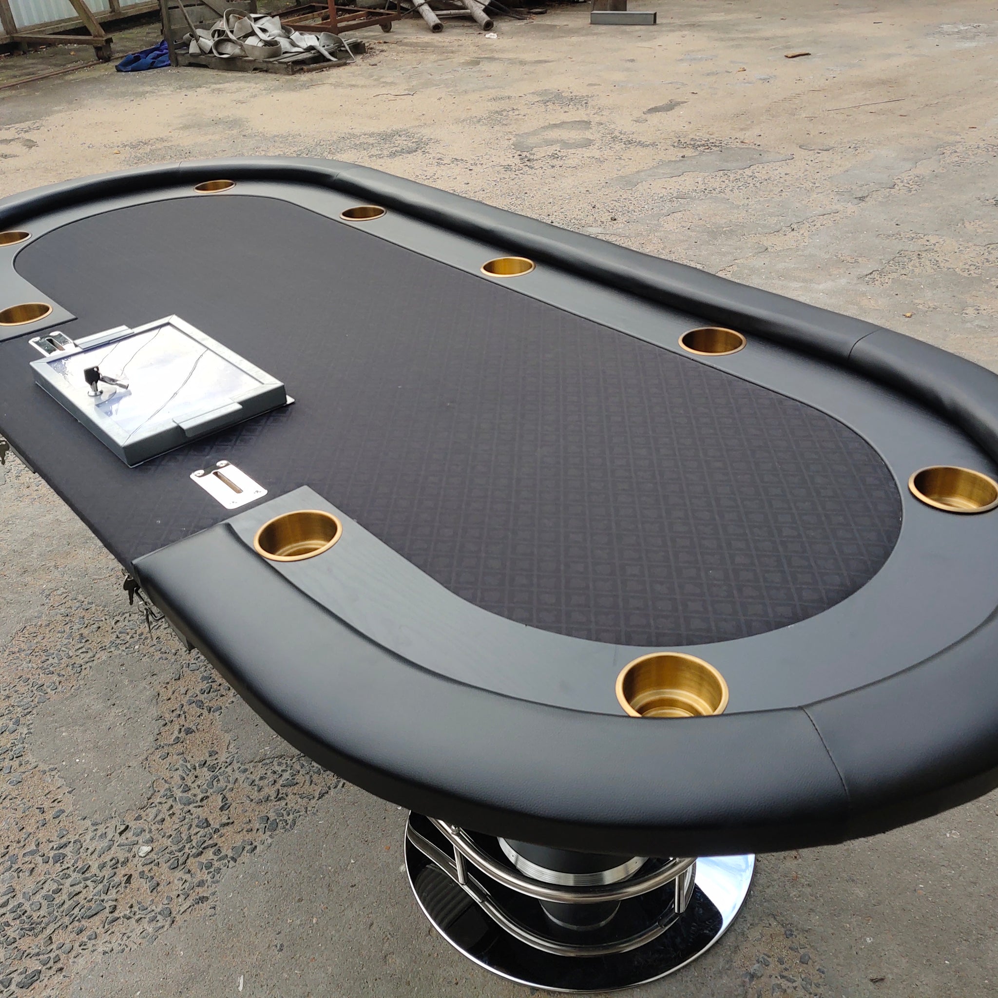 96" Poker Table For Casino Game Texas Holdem Oval Black With Waterproof Felt Chips Tray Drop Box Black Primary Living Space Modern Wood