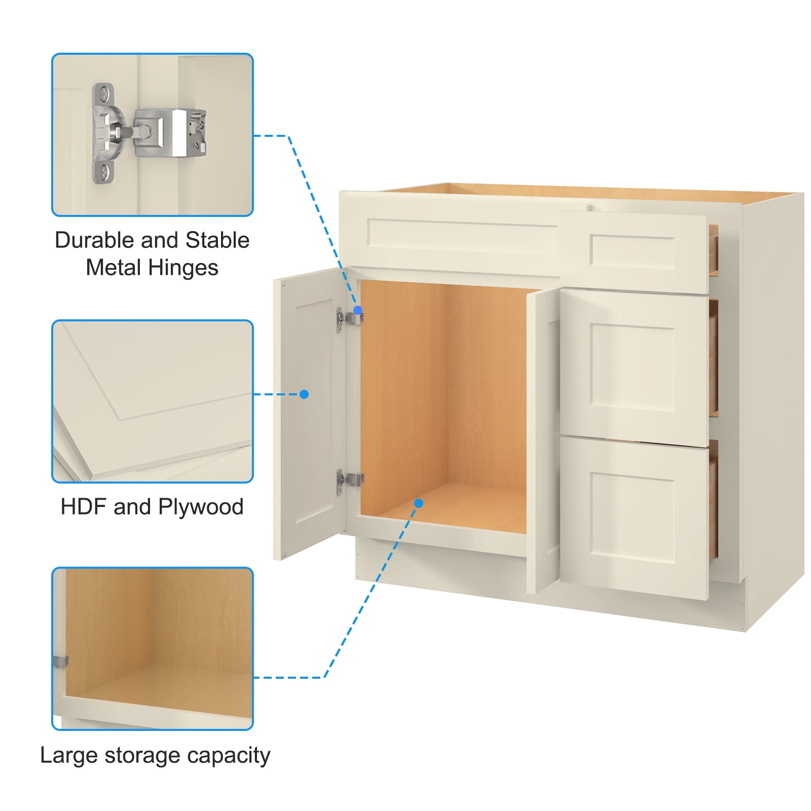 36 In. W X 21 In. D X 34.5 In. H In Antique White Plywood Ready To Assemble Floor Vanity Sink Base Kitchen Cabinet With Right Door Antique White Plywood