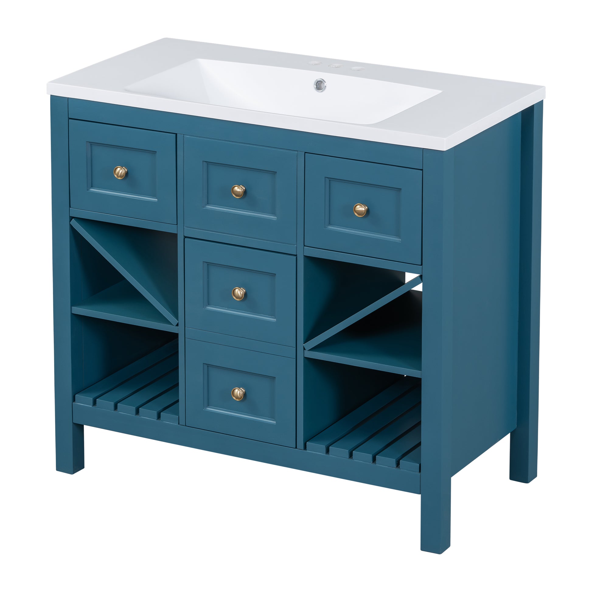 36'' Bathroom Vanity With Resin Sink Combo, Solid Wood Frame Bathroom Storage Cabinet, Freestanding Vanity Set With 5 Drawers& Soft Closing Doors Same As Sw000141Aam Blue Bathroom Solid Wood Mdf Resin