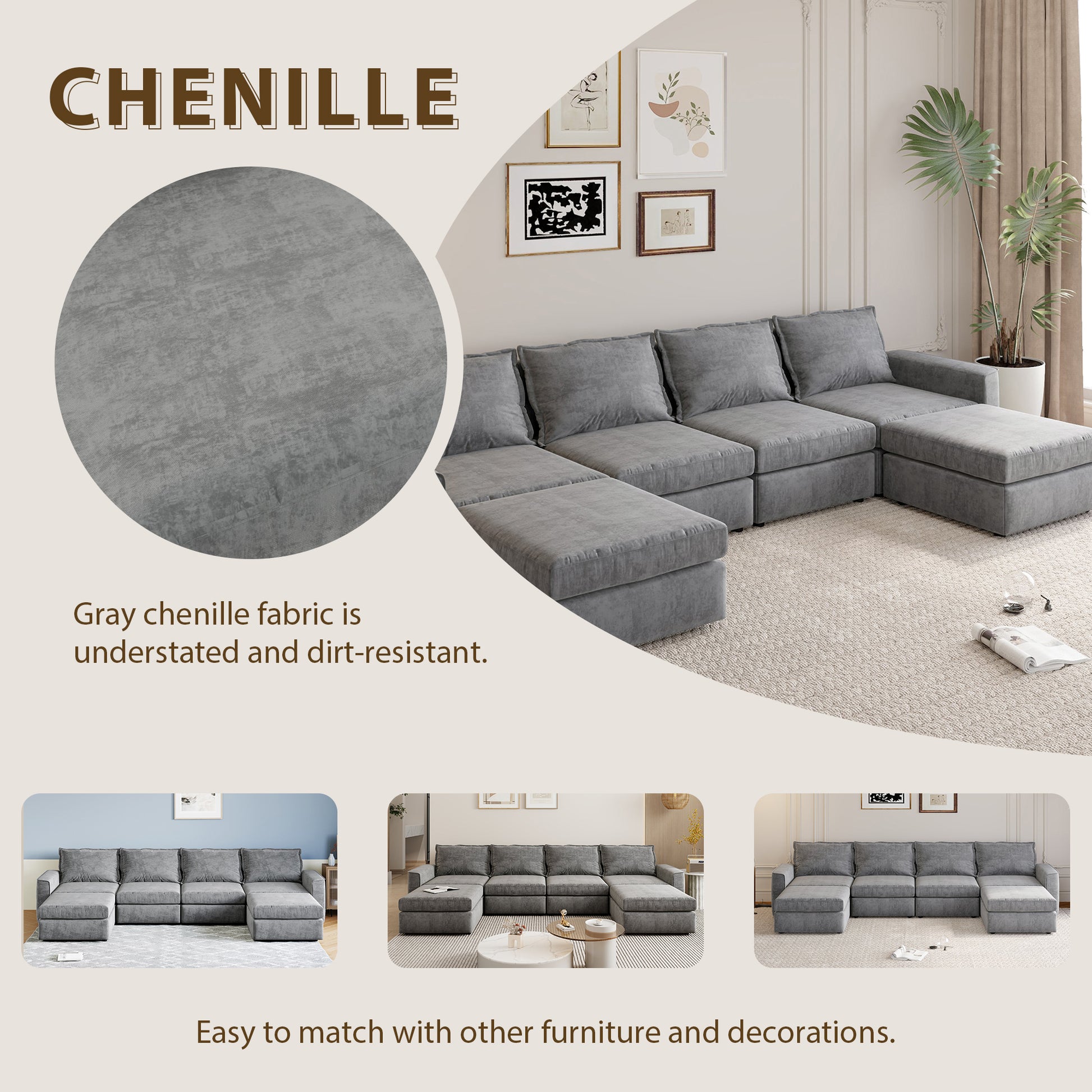 115*58" Chenille Modular Sectional Sofa,U Shaped Reversible Couch,Free Combination,6 Seat Sleeper Sofa Bed With Ottoman,Convertible Oversized Indoor Furniture For Living Room,Gray Gray Chenille 6 Seat