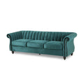 84 Inch Teal 3 Seater Velvet Sofa Button Tufted With Trim, Curved Backrest, And Rolled Arms, Stylish And Elegant Couch For Modern Living Rooms, Durable Upholstery, Luxury Design Teal Velvet Wood Primary Living Space Medium Firm Loose Back Medium Duty