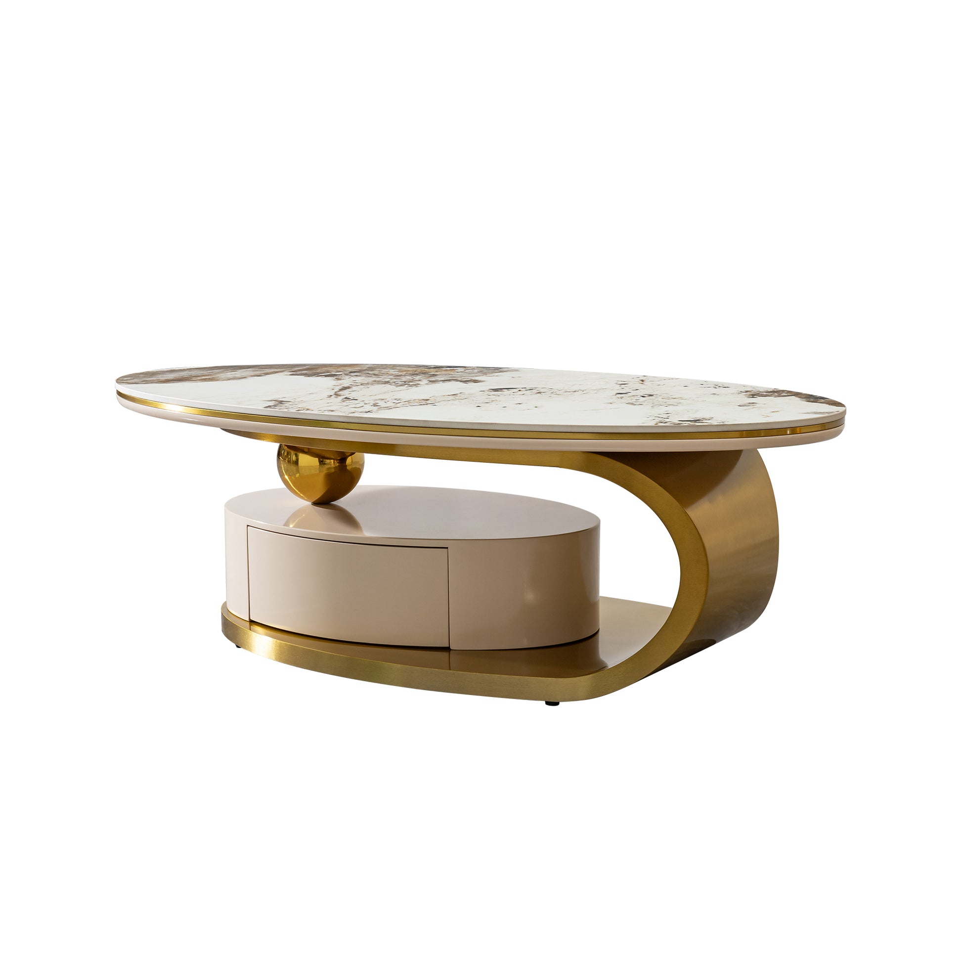 Modern 0.47" Thickness Sintered Stone Coffee Table With 2 Drawers,Matt Gold Stainless Steel Base Gold Primary Living Space Modern Drawers Coffee & End Tables Oval Stainless Steel