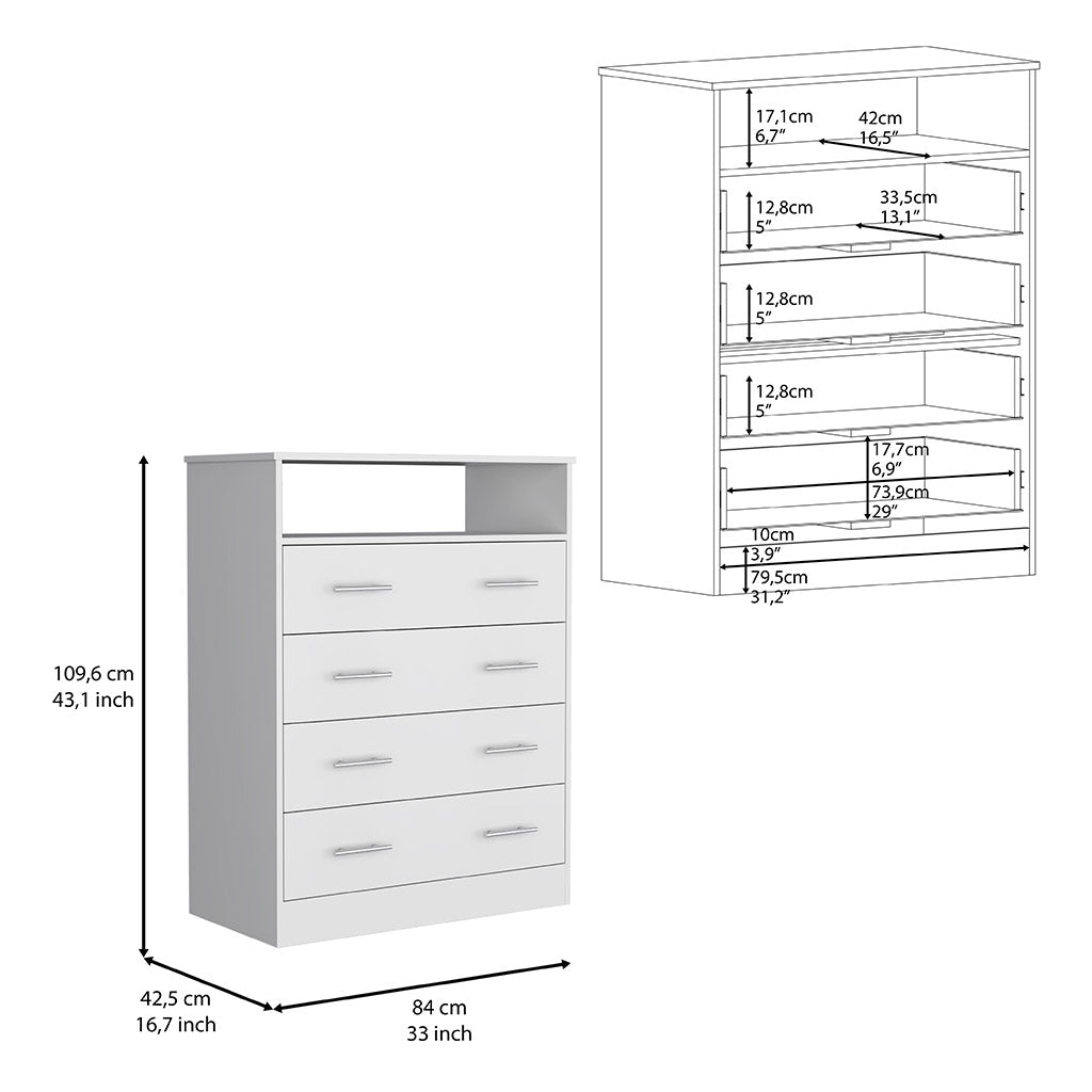 Four Drawer Dresser, Superior Top, One Open Shelf, White White Solid Wood Mdf Engineered Wood