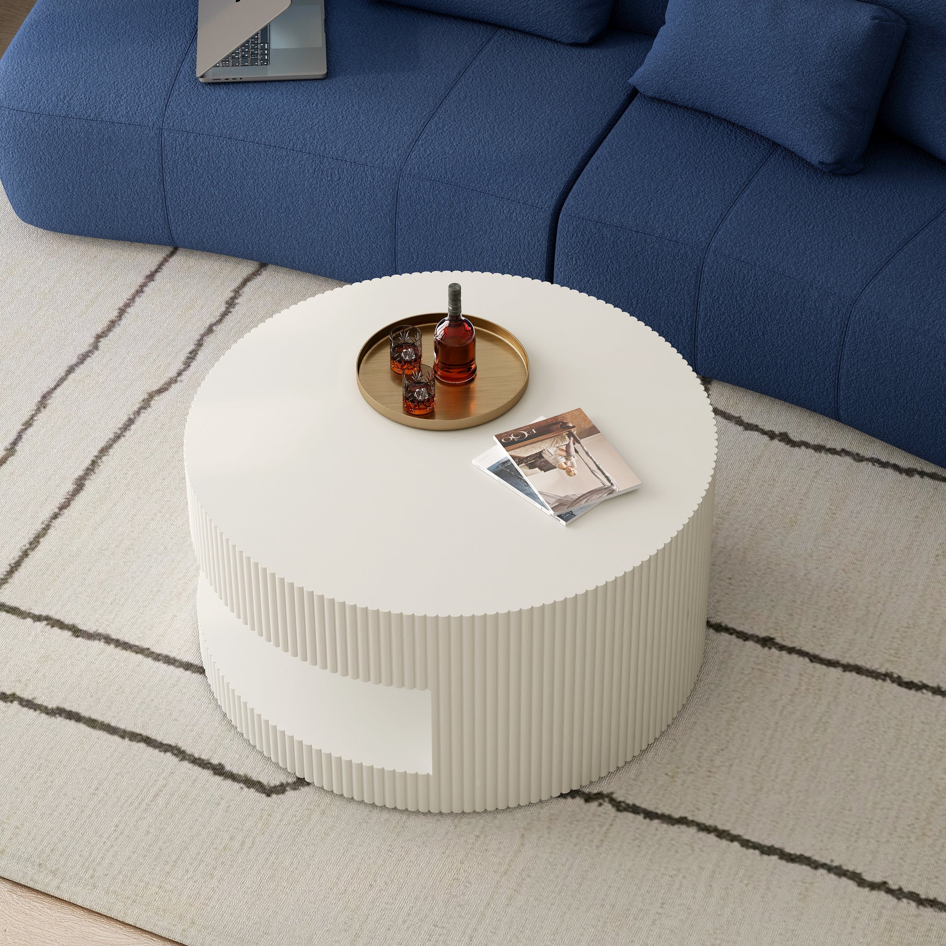 31.5'' Round Coffee Table,Modern Center Table With Storage,Vertical Stripe Design Coffee Table For Living Room,Bedroom White White Mdf