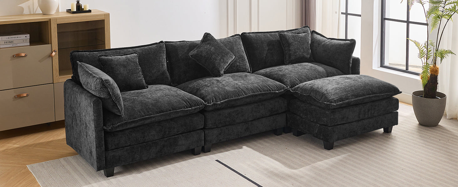 112.2" L Shape Chenille Upholstered Sofa For Living Room Modern Luxury Sofa Couch With Ottoman And 5 Pillows For Living Room Sg001160Aa , Black Black Foam 4 Seat